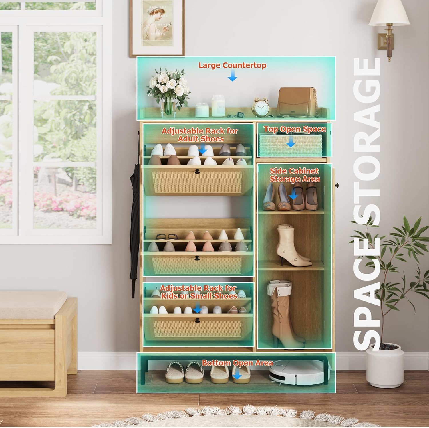 short dresser with shoe rack on bottom Modern Entryway Shoe Cabinet with Doors, 23.6" Walnut Shoe Storage Cabinet,  Small Shoe Racks for Hallway, Closet & Small Spaces-Panipeachy