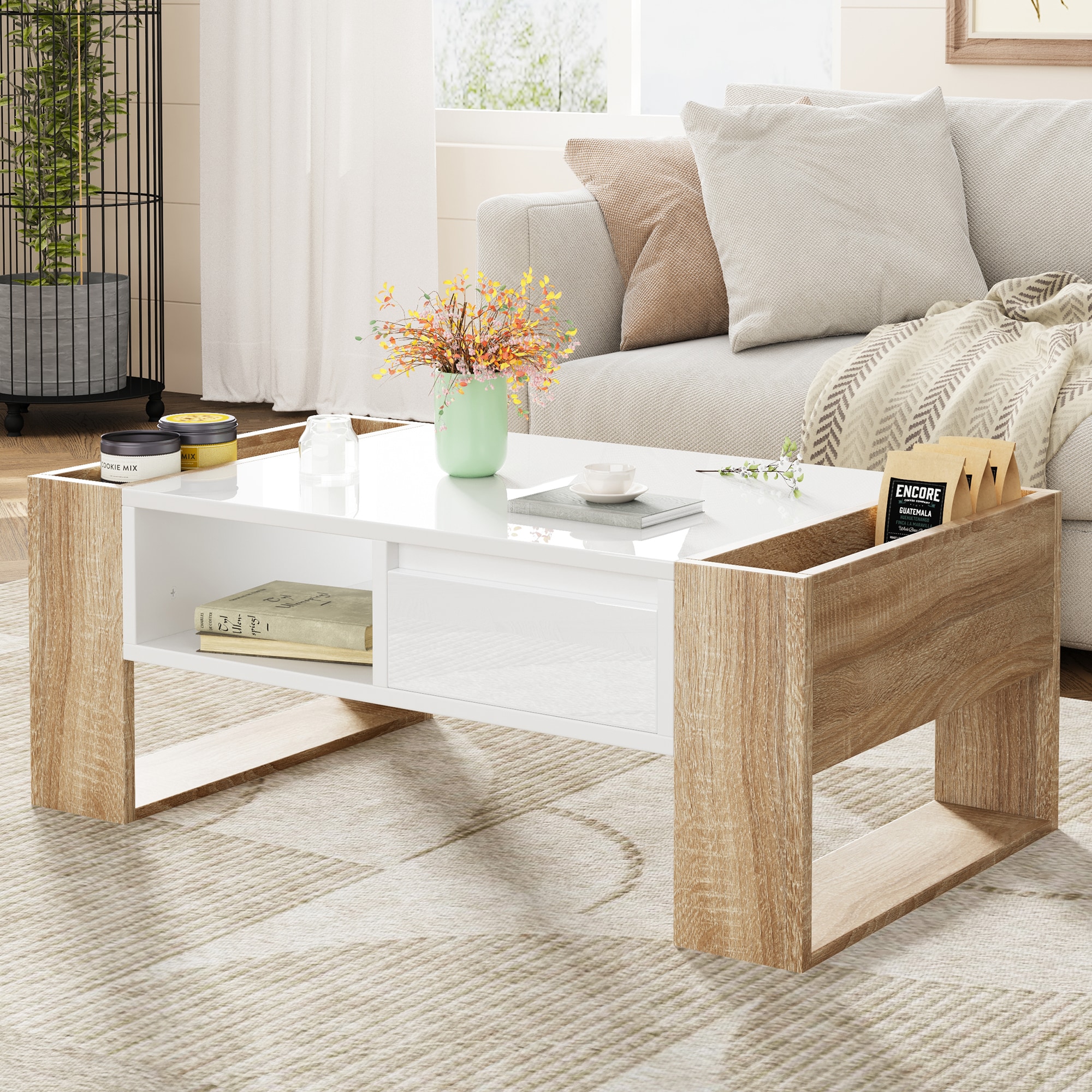 ModernLuxe N721P205792K High Glossy Coffee Table with 2 Drawers Practical Two Tone Center Table with Hidden Compartments Rectangle Cocktail Table with Open Storage Shelf for Living Room Bedroom White