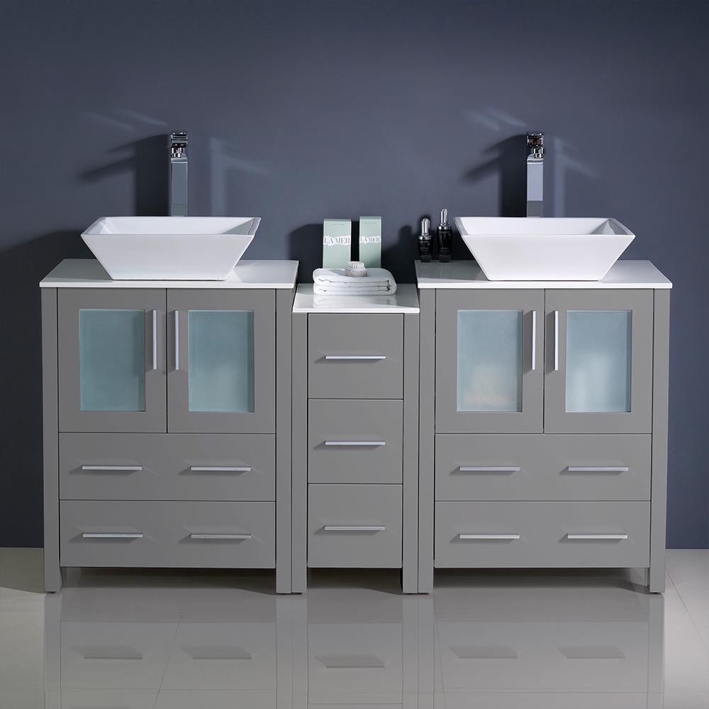 Fresca Torino 72 Gray Modern Double Sink Bathroom Vanity w/ Side Cabinet & Vessel Sinks