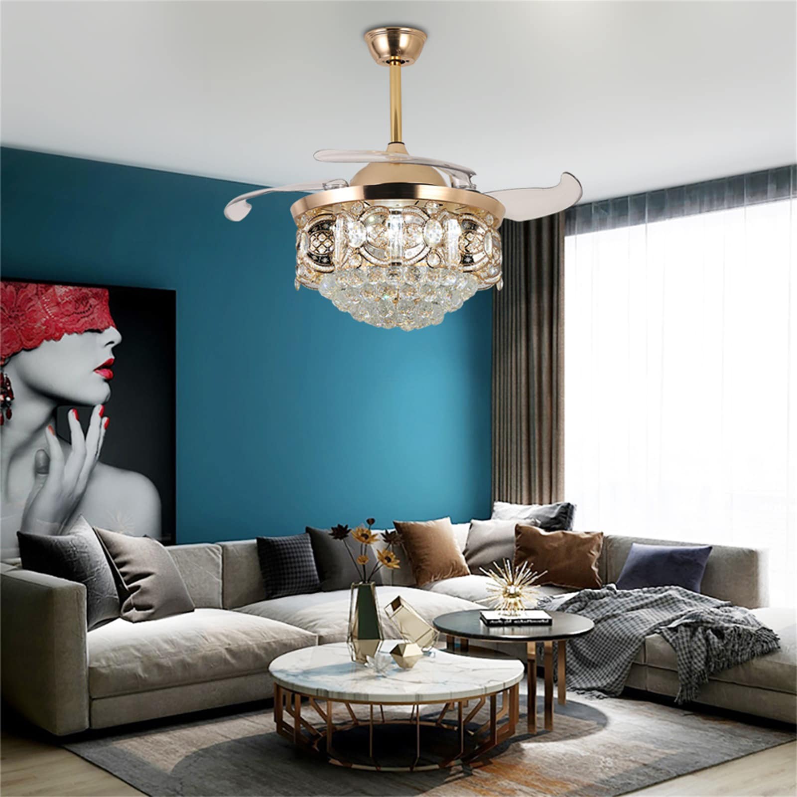 Gold Crystal 42'' Retractable Blade Ceiling Fan with Remote