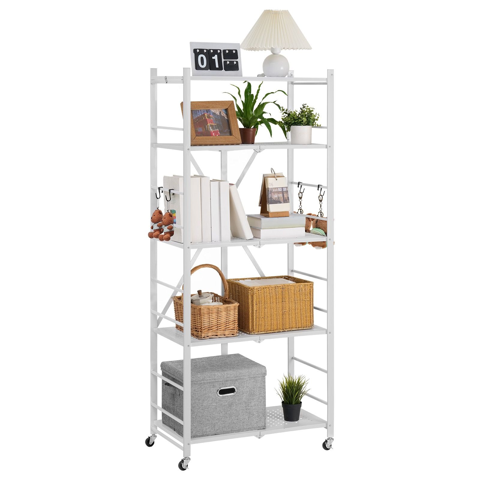 JUSHUA 5-Tier Foldable Storage Shelf 28 W x 15D x 64H Inch Folding Metal Rack Shelving Unit No Assembly Organizer Shelf with 5 Wheels 4 Hooks for Pantry Kitchen Garage Basement White