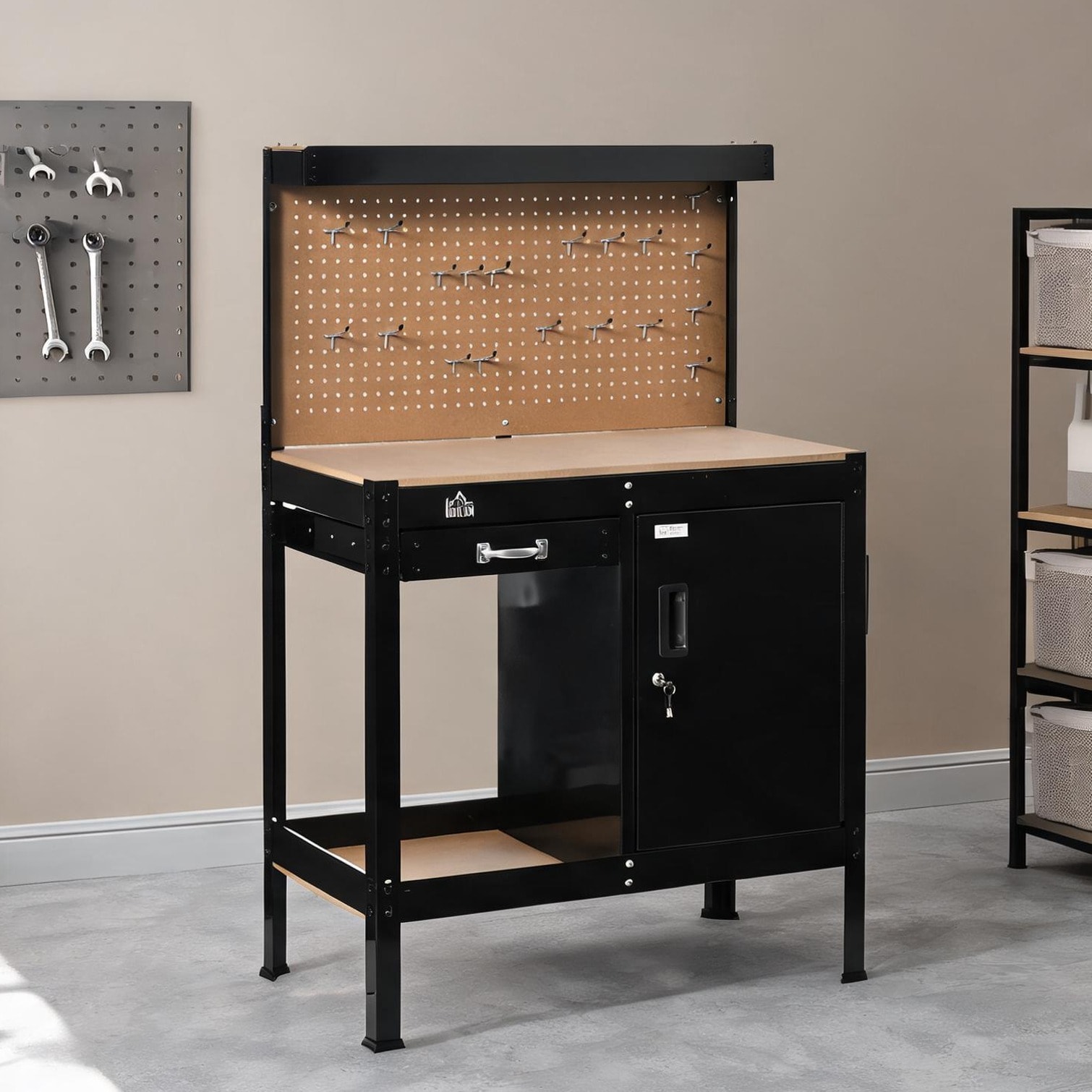 sunjurt Cabinet featuring Storage Black-Toned MDF Workbench and Pegboard with Shelving
