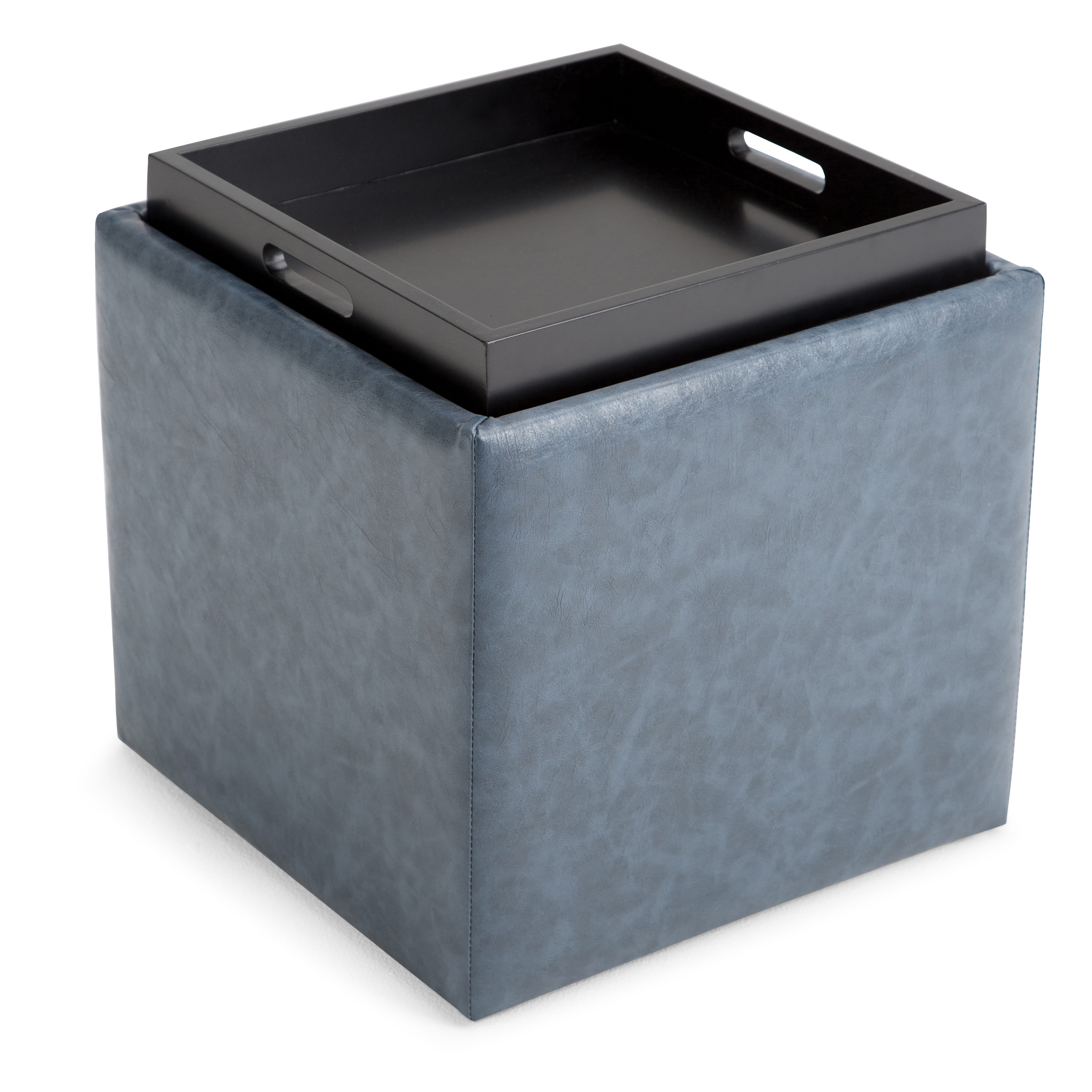 Photo 1 of Simpli Home Rockwood Modern Denim Blue Faux Leather Storage Ottoman