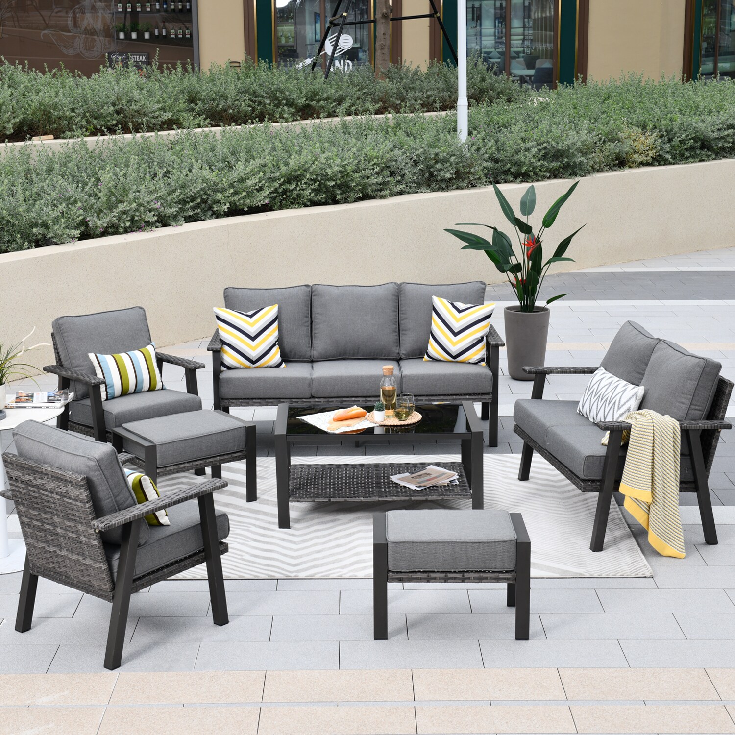 Pouuin SHW20T07 7 -Piece Rattan Patio Sofa Conversation Set with Gray Cushions