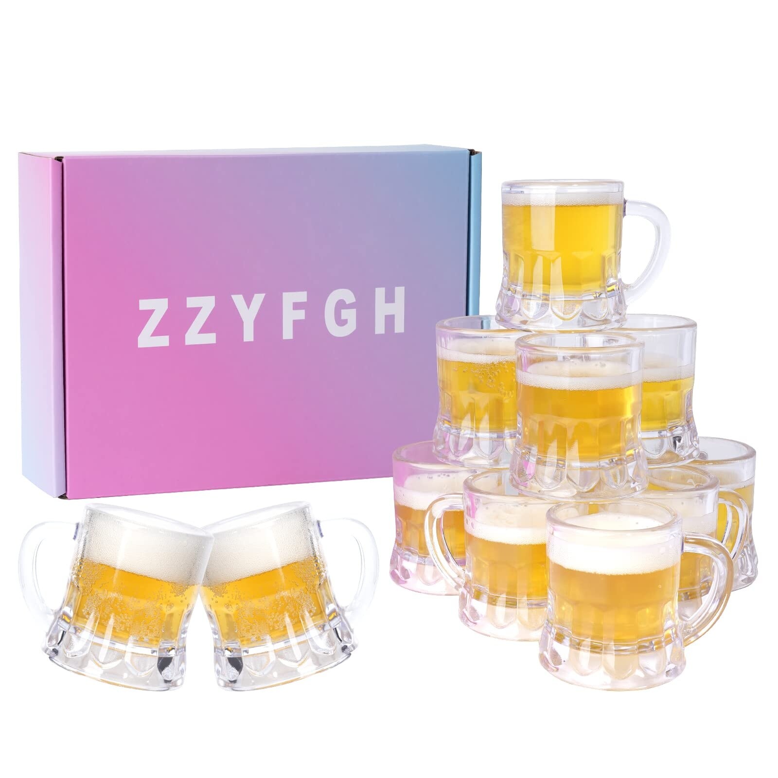 Aoibox  2 oz Mini Plastic Beer Mugs with Handle Clear Lightweight Reusable Shot Cups for Party Drinks Set of 12