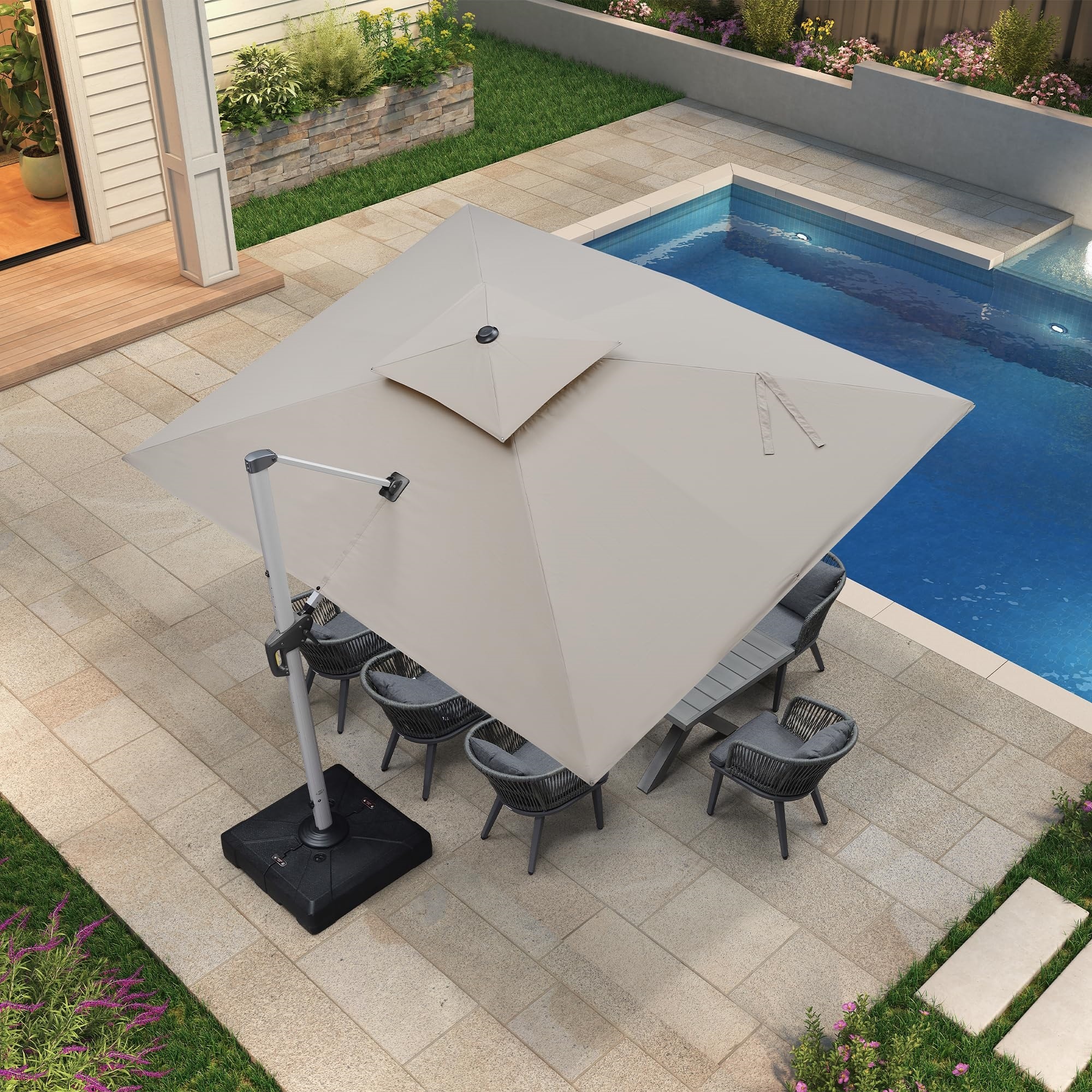 PURPLE LEAF LSLRRC0912-KKWB 9-ft Aluminum Beige Crank Cantilever Patio Umbrella with Base