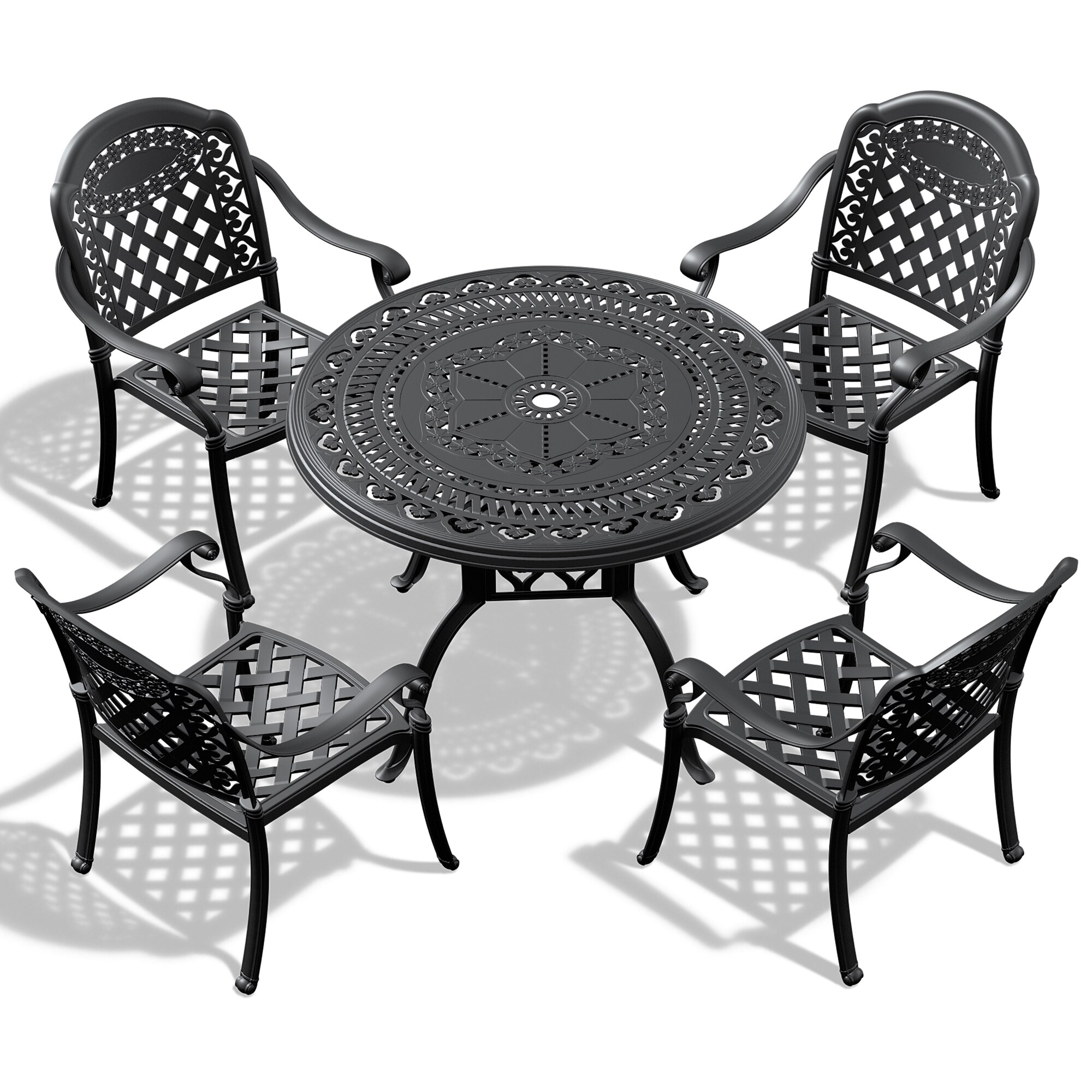 Forclover DASE-S026 5 -Piece Black Patio Dining Set Aluminum Round Table with 4 Multiple colors/finishes Cushions Stackable Stationary Chairs