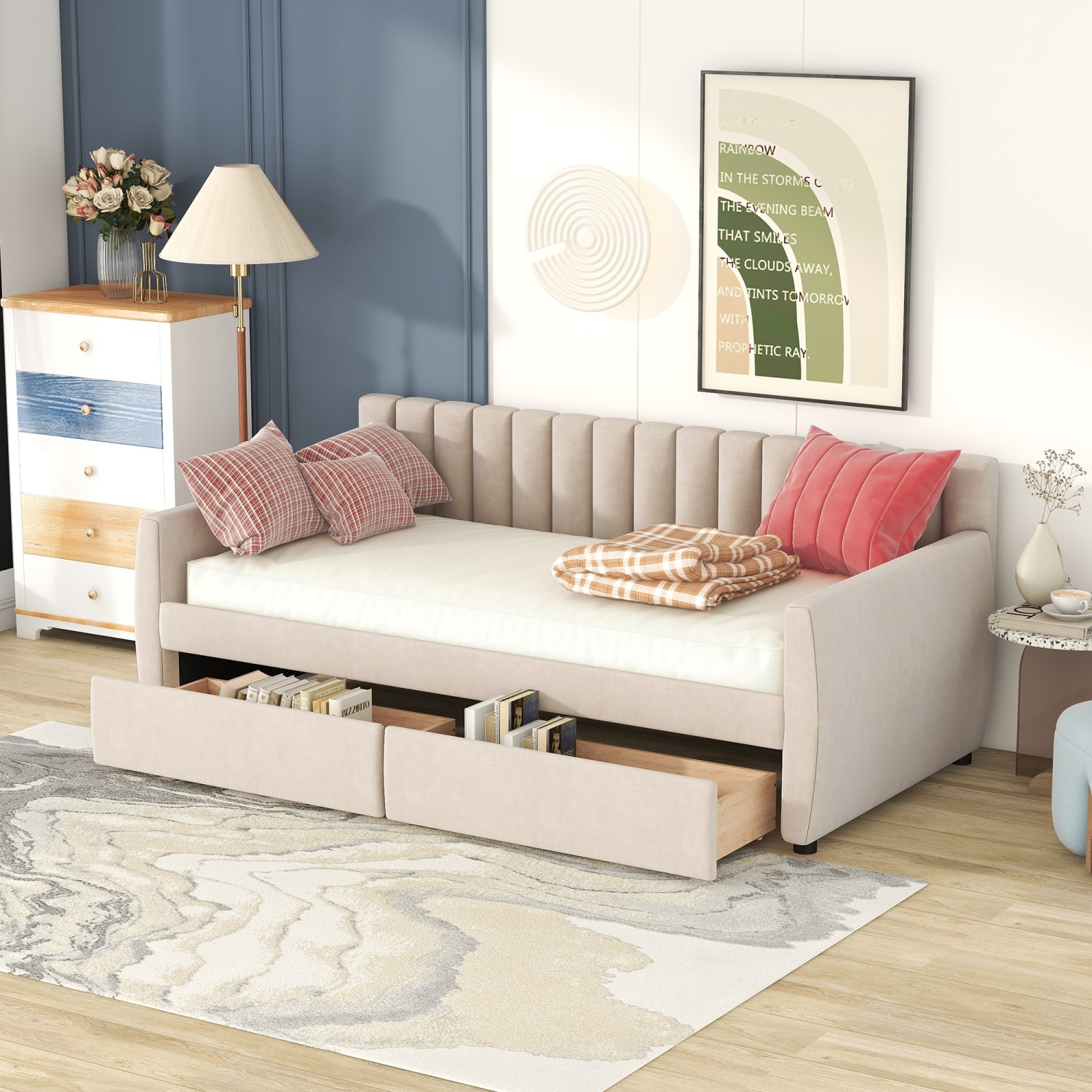 Streamdale Furniture - Streamdale Twin Size Upholstered Daybed With Drawers Wood Slat Support