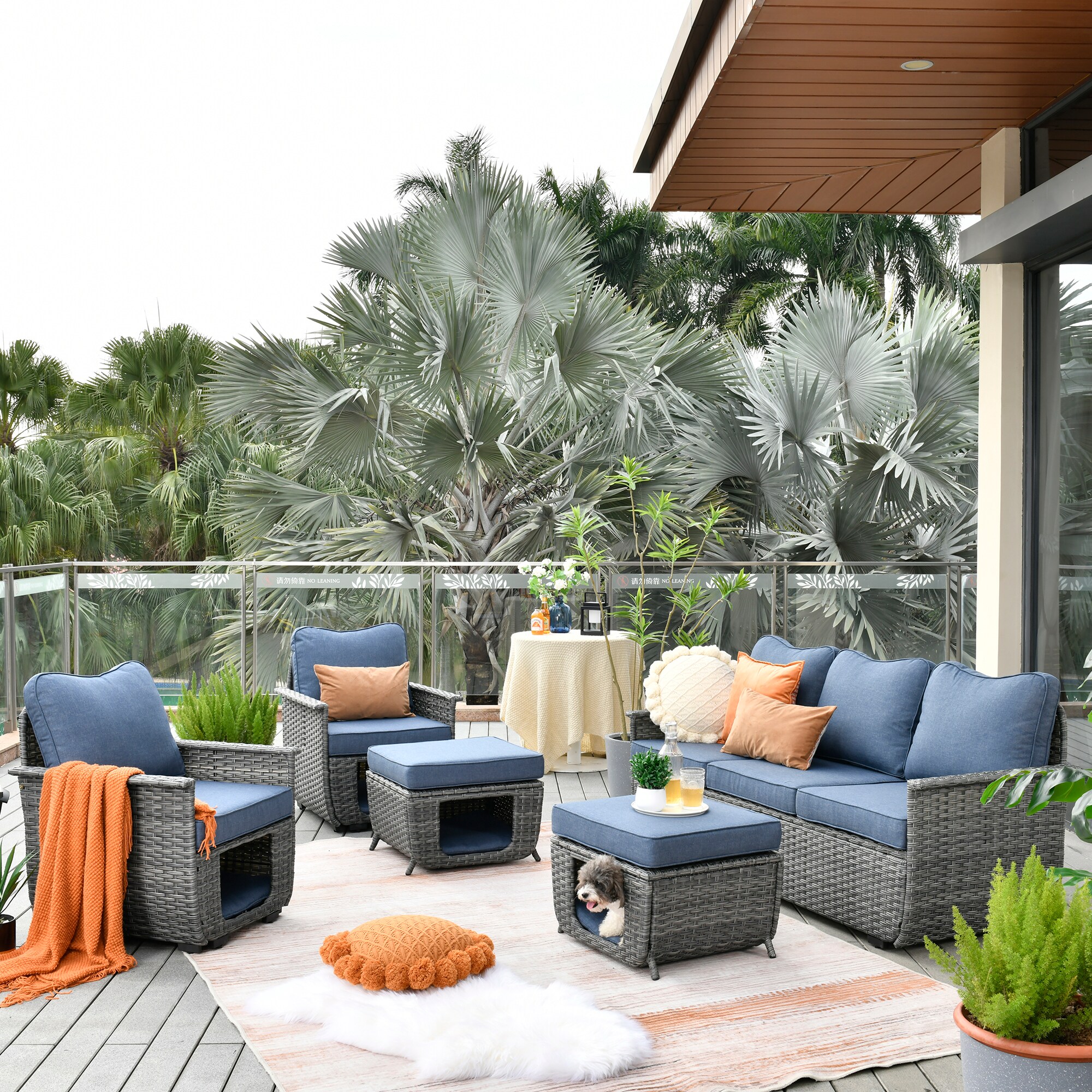 Pouuin SPET3005 5 -Piece Rattan Patio Sofa Conversation Set with Blue Cushions