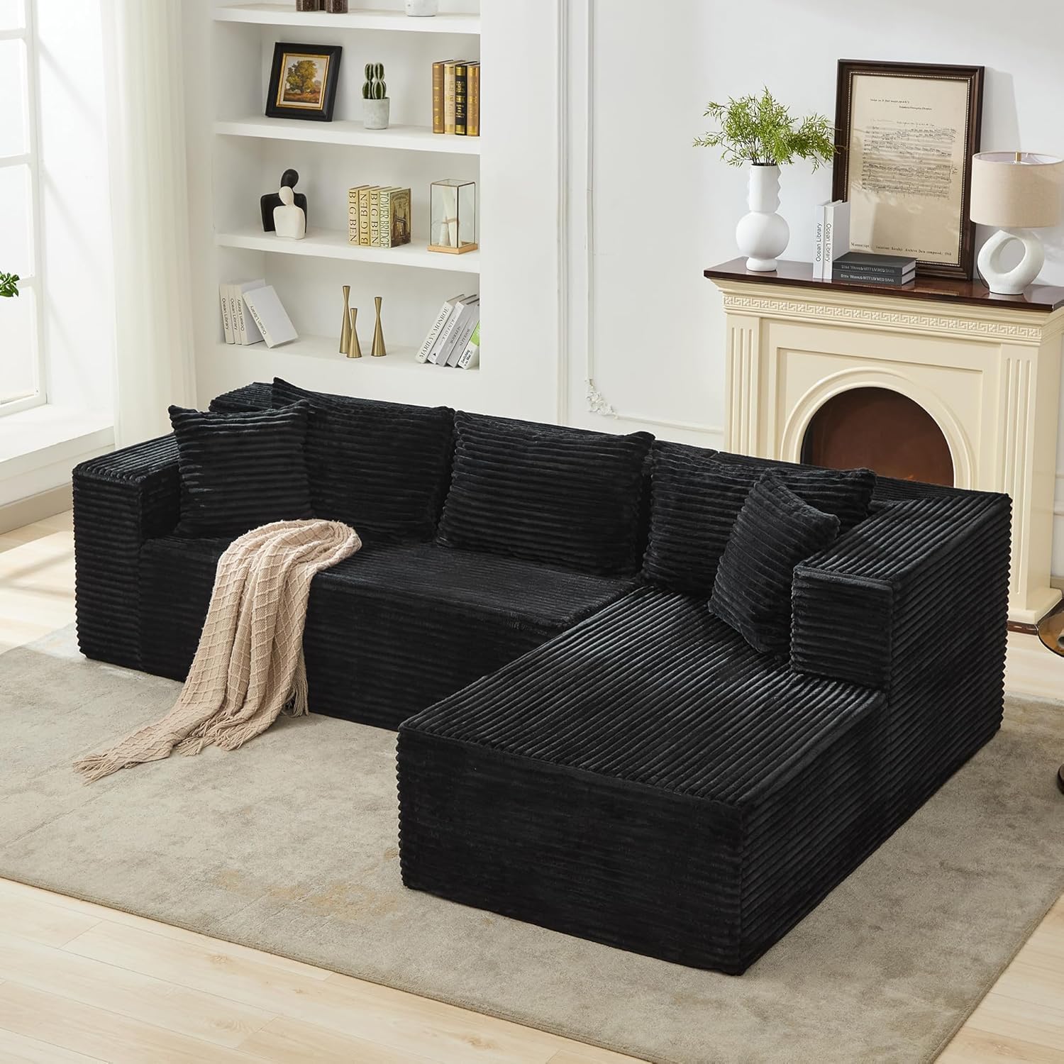 Qeetex 1 Polyurethane Right Facing Full Compression Sofa 105.7 by 68.8 by 24.4 inches 25mm Ultra wide Wale Corduroy Black