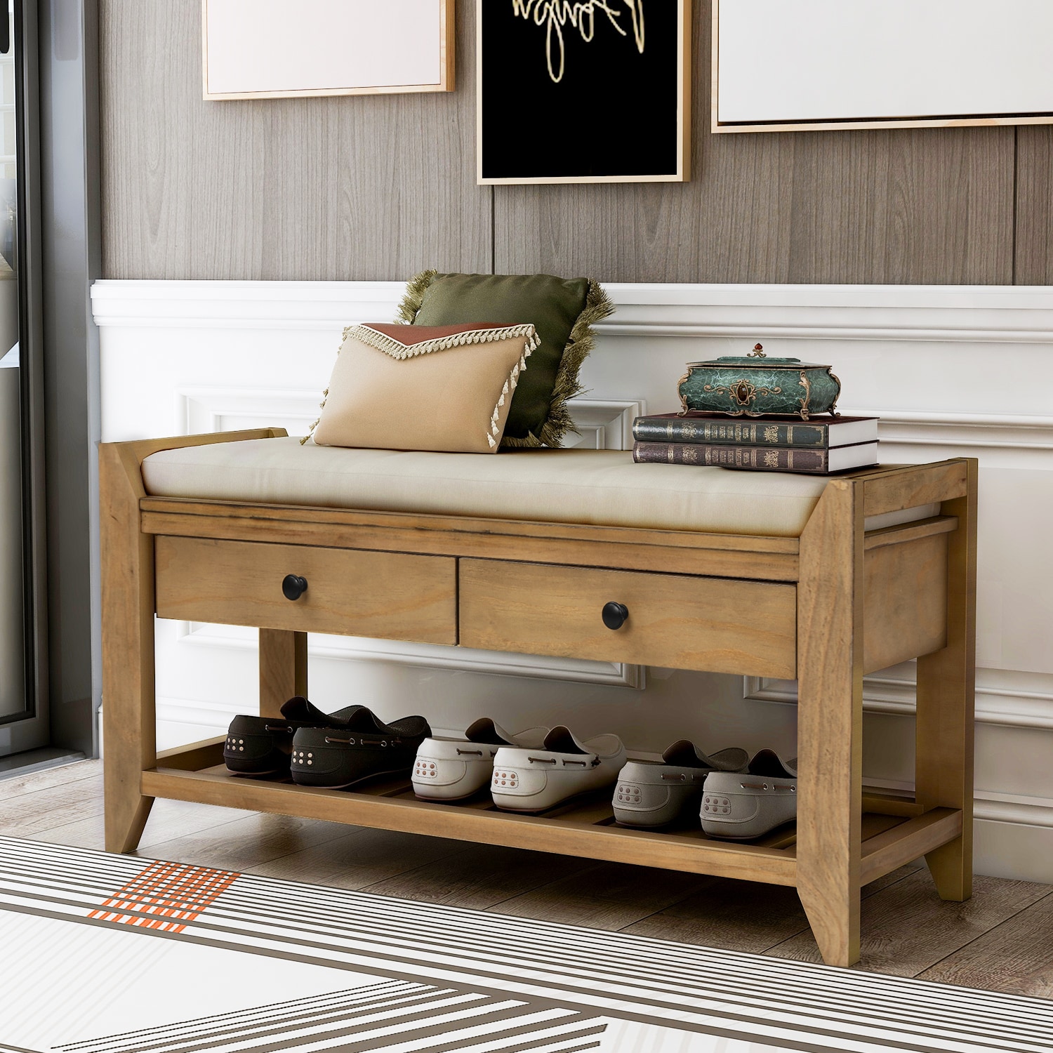 ModernLuxe WF195386AAD Shoe Rack with Cushioned Seat and Drawers Multipurpose Entryway Storage Bench Old Pine