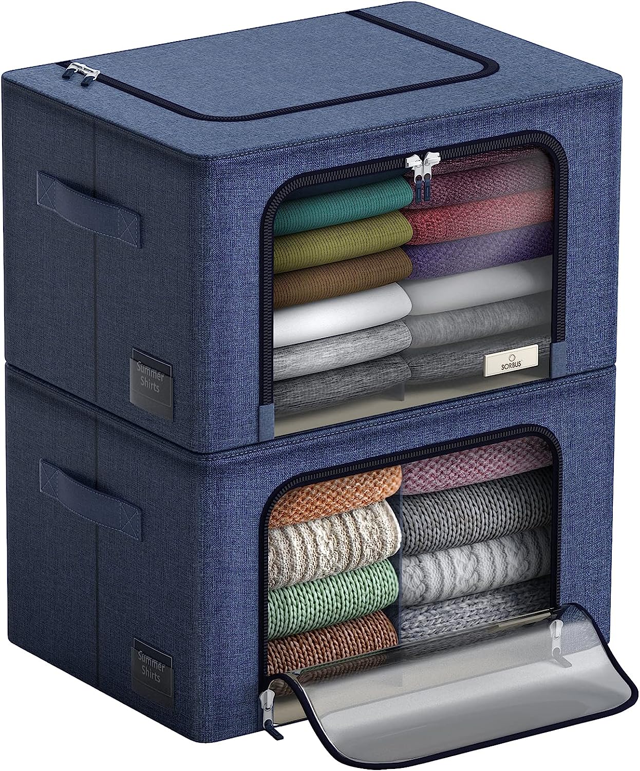 SORBUS  2 Pack Medium Foldable Storage Box Metal Frame Oxford Fabric Large Window and Handles Organization for Bedroom Linens and Clothes