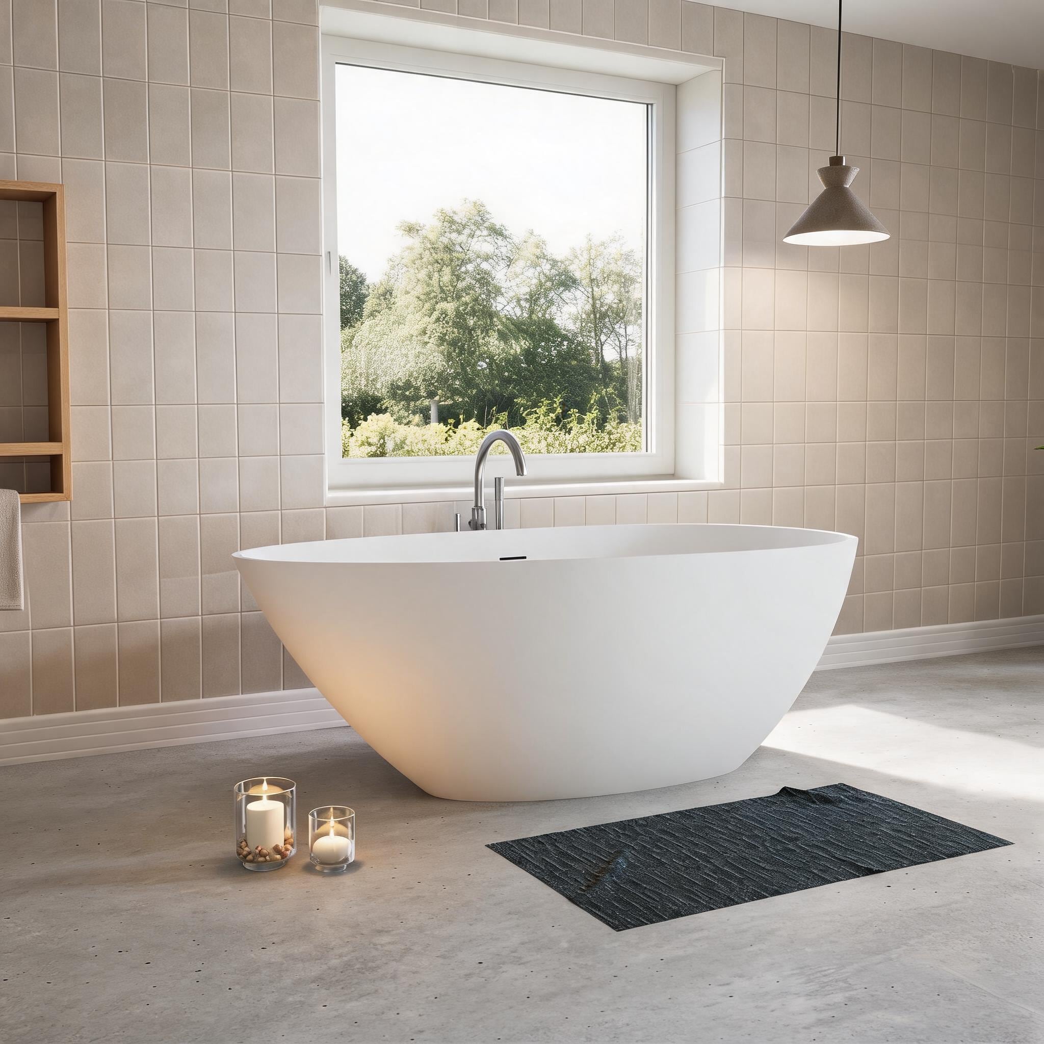 Watnature Contemporary Freestanding Oval Soaking Bathtub 59 Inch Solid Surface Stone Resin Tub with Overflow Drain white-toned #8XHXVR0OI08B