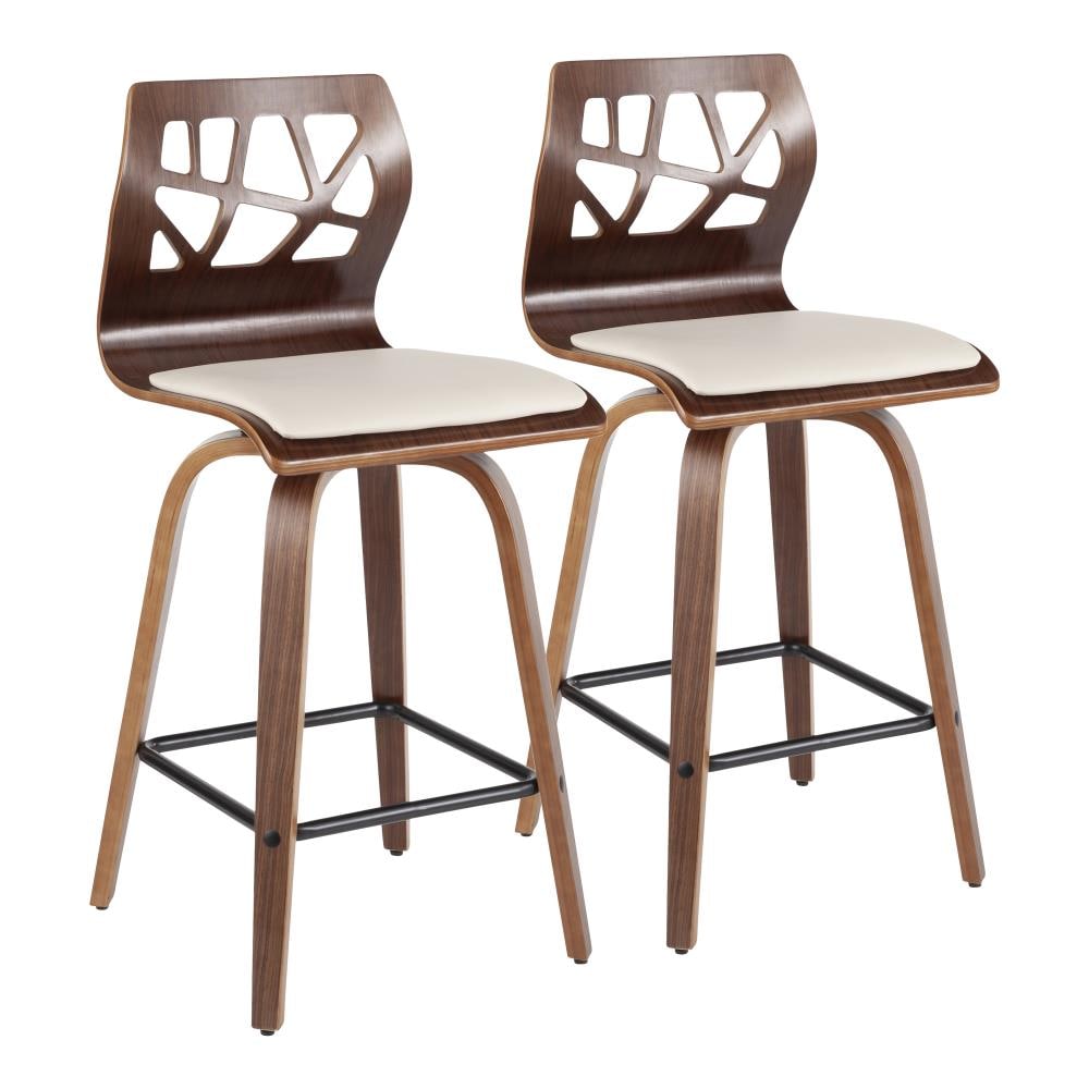 LumiSource B26-FOLIAX WLCR2 Folia Set of 2 Walnut Wood, Cream Pu, Black Metal Tall Upholstered Wood Backless Bar Stool