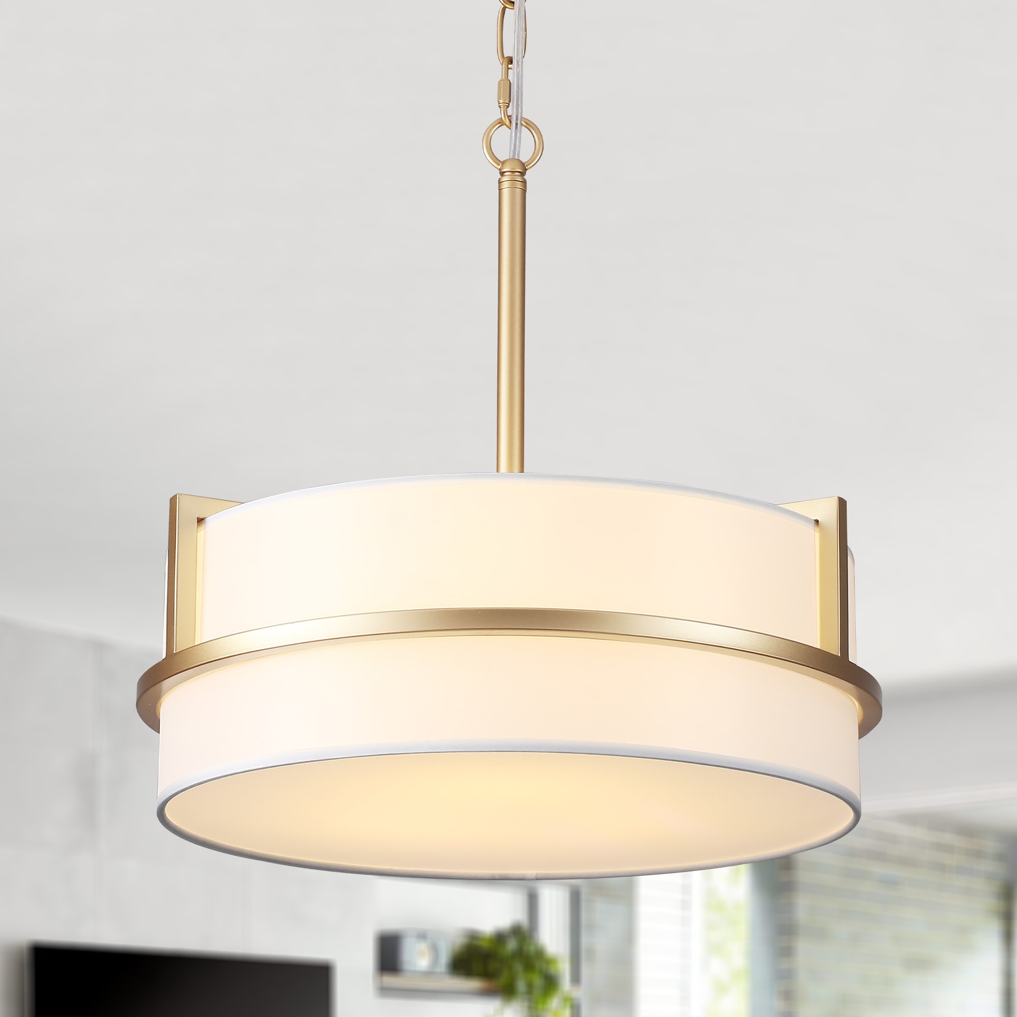 Zjvaive 15.74-in 3-Light Gold Modern Fabric Drum Metal Chandelier
