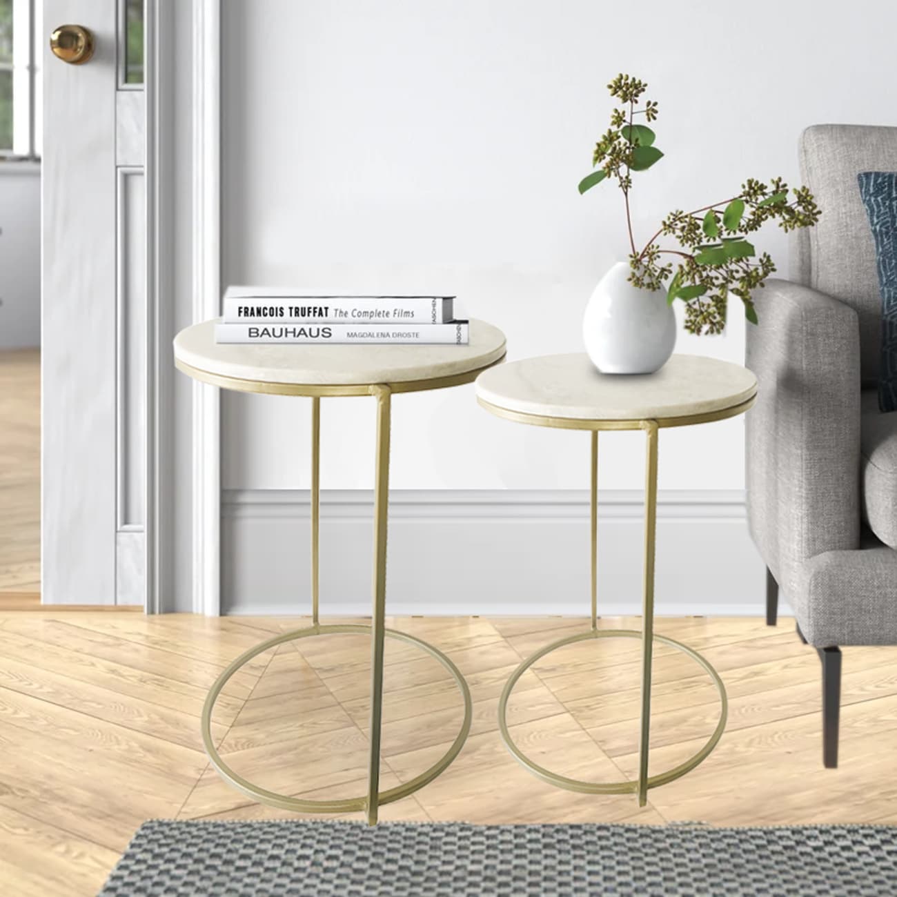 HomeRoots 4000475894 16-Inches W x 22-Inches H White Granite/Marble Round Modern End Table