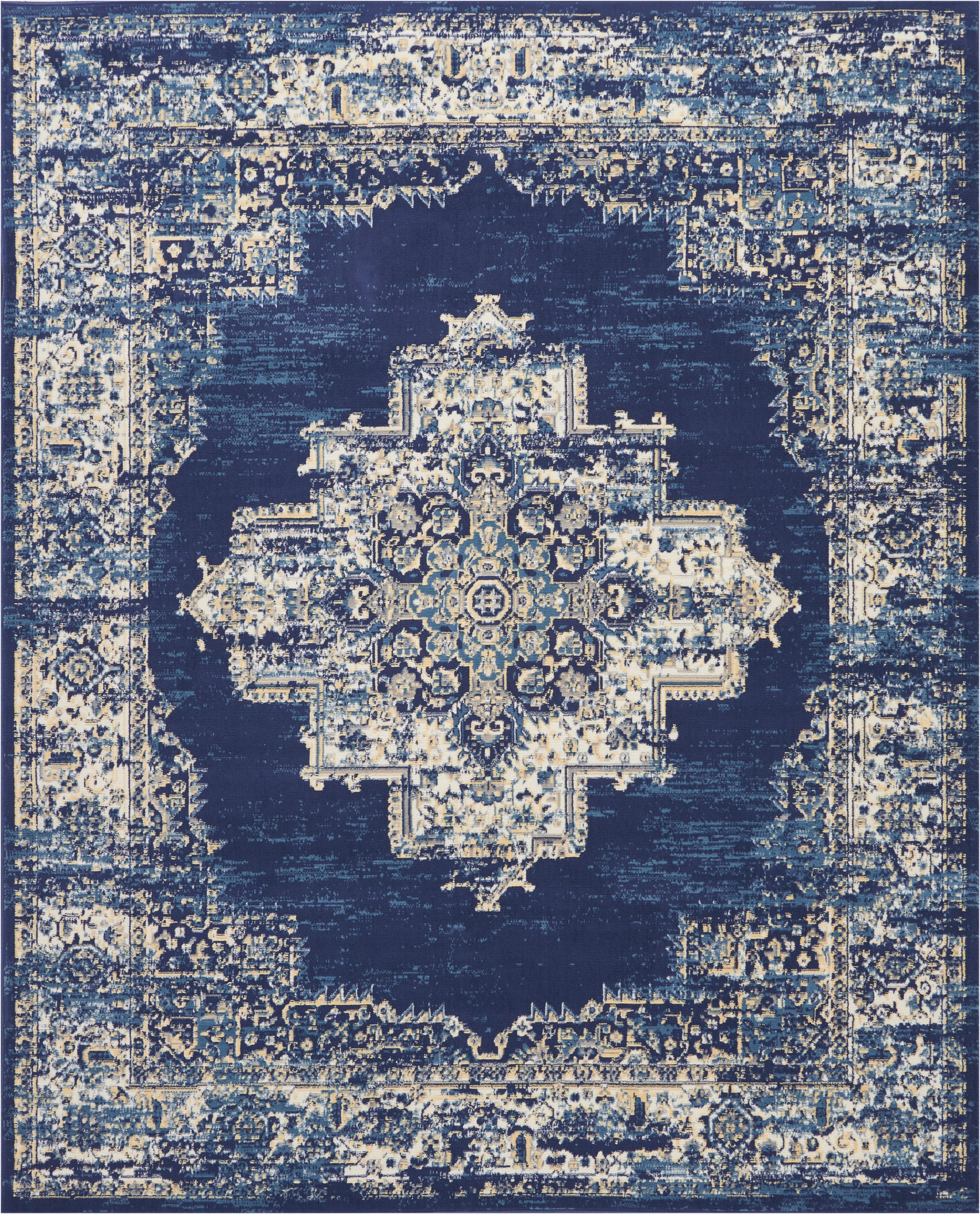 Extra Large Navy Blue Medallion Synthetic Area Rug