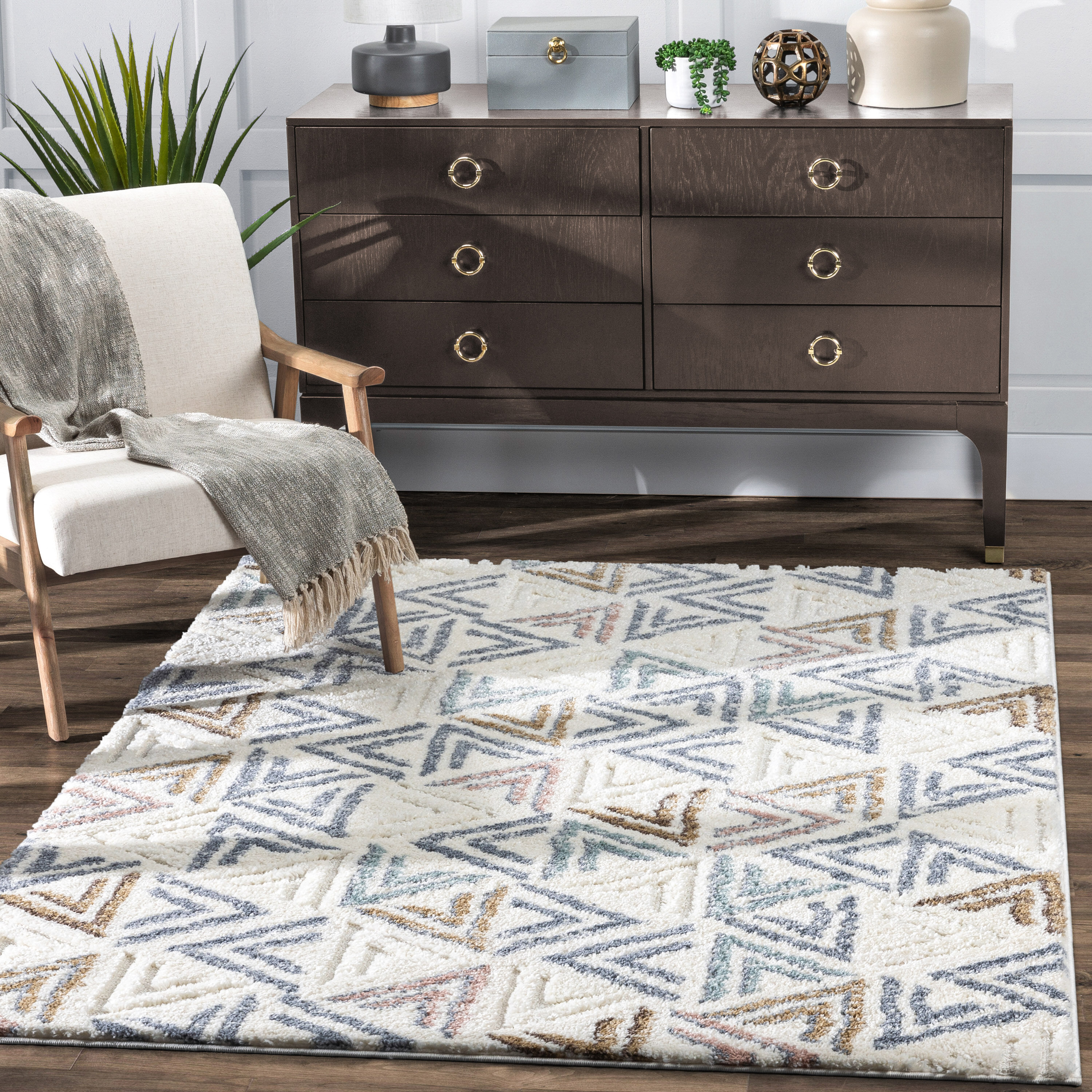 Well Woven DEL-52-4 Delia 3 x 5 (ft) Loomed Polypropylene Ivory Rectangular Indoor Geometric Mid-Century Modern Area rug