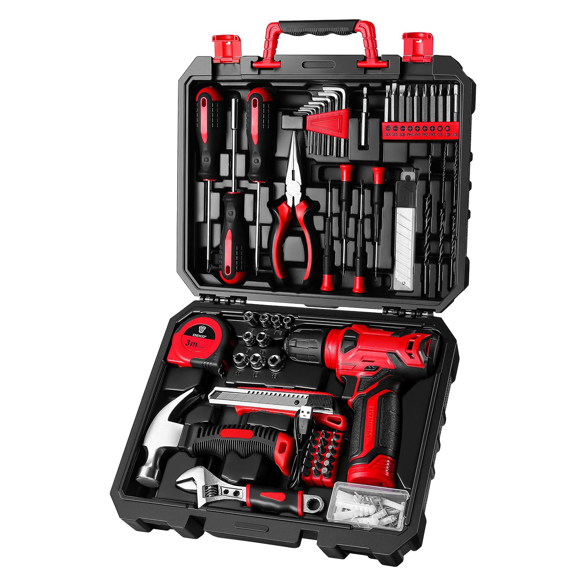 Etokfoks 8V Red Cordless Drill Set with 126 Piece Home Tool Kit for Women Includes Hex Nut Screwdriver and More #EFT1004J06