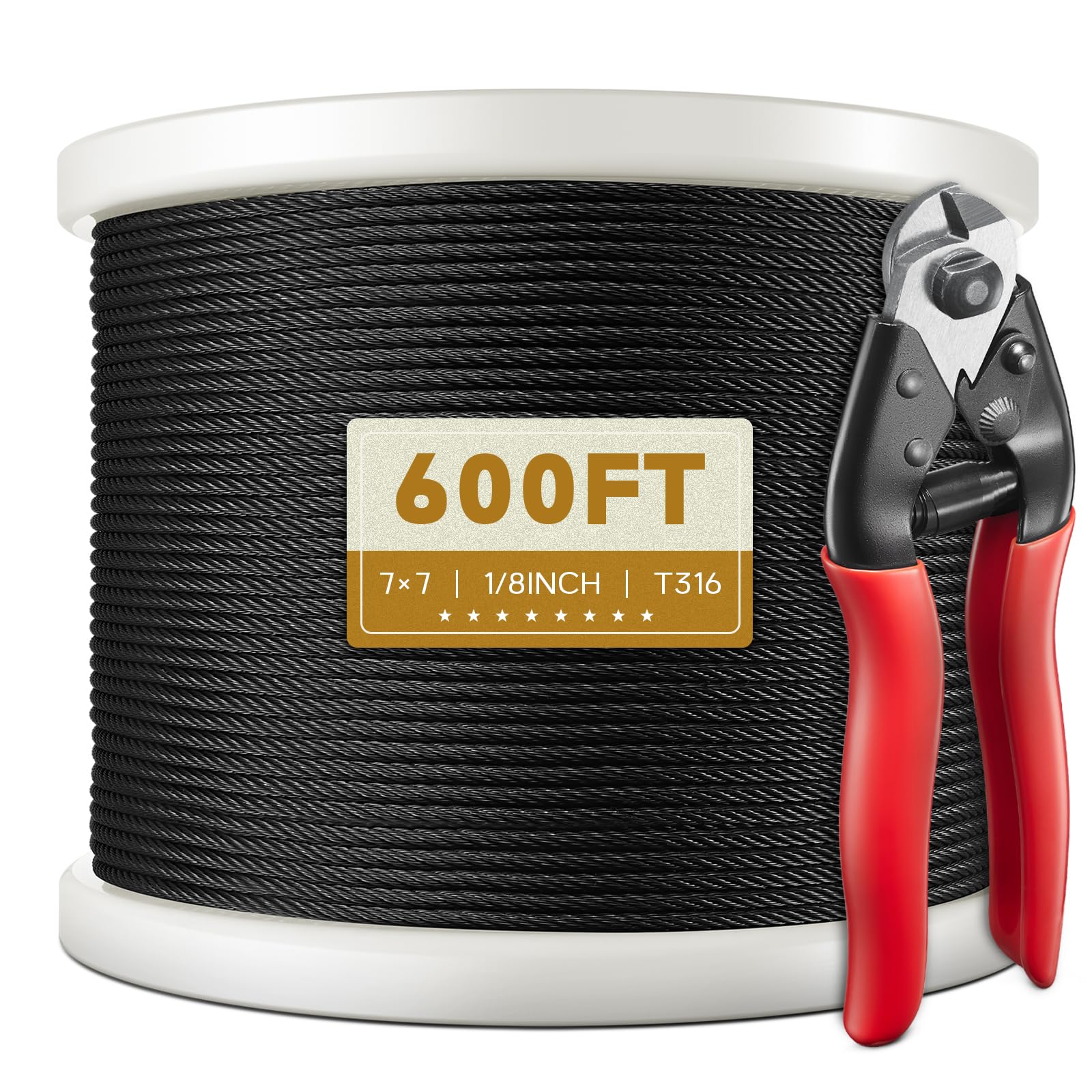 ITOPFOX  600FT Black Stainless Steel Cable Roll 1 8 Inch Flexible 7x7 Strands for Deck Railing Kit DIY Balustrade Garden Fence Hanging Projects