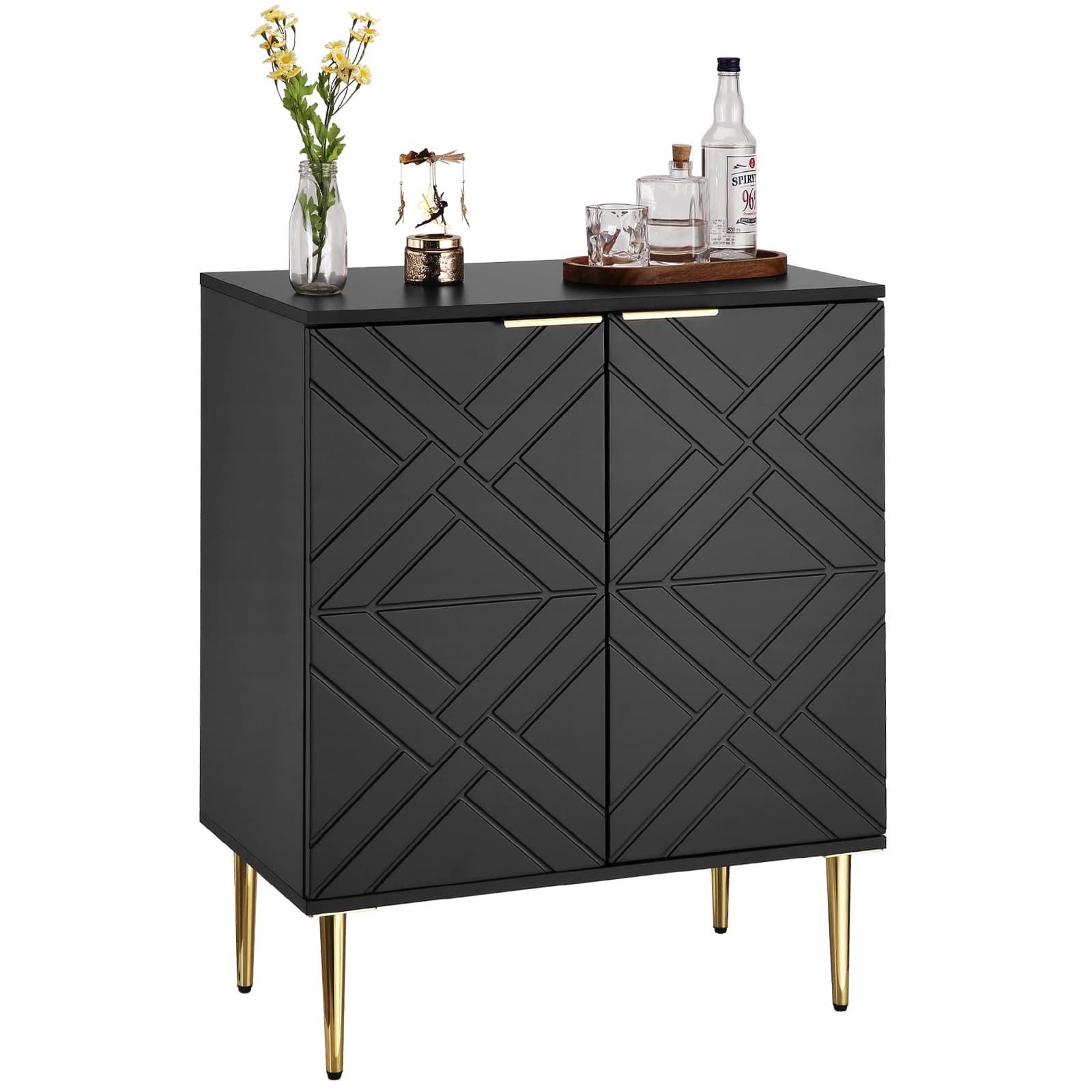Qeetex JXNAG-PHO-10UDLNGG Storage Cabinet Modern Accent Cabinet with 2 Decorative Embossed Pattern Doors Wood Buffet Cabinet with Inner Shelf for Living Room Entryway Kitchen-Black