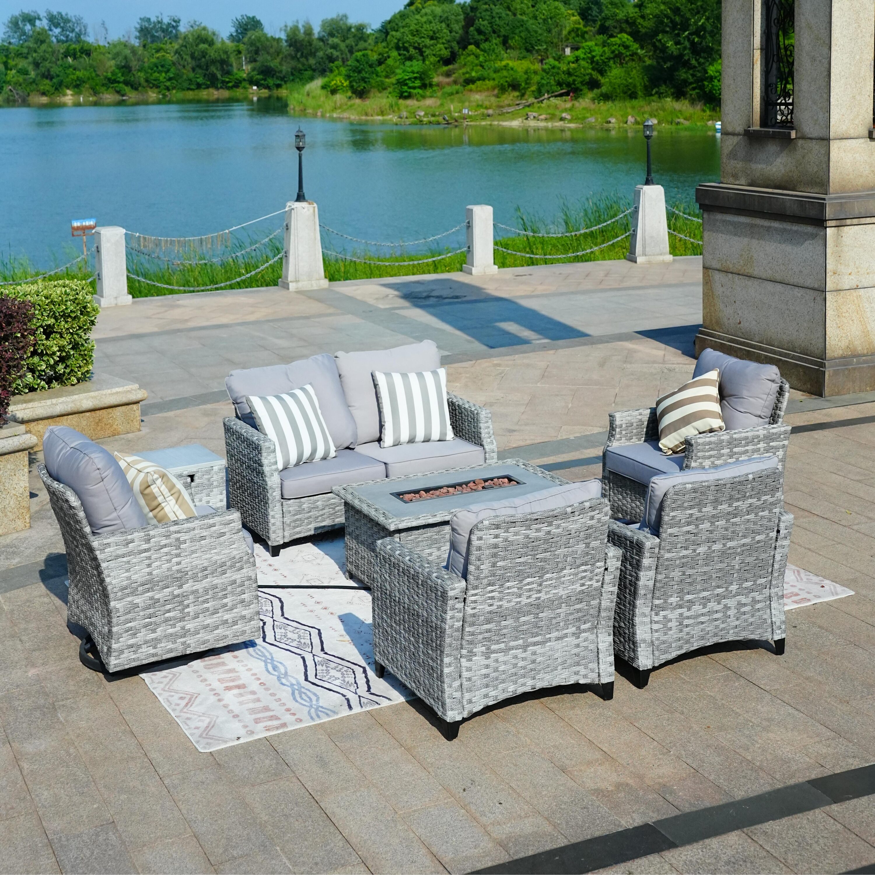Direct Wicker DWG-1802S&2334SC 5 -Piece Wicker 4 Patio Sofa Conversation Set with Gray Cushions