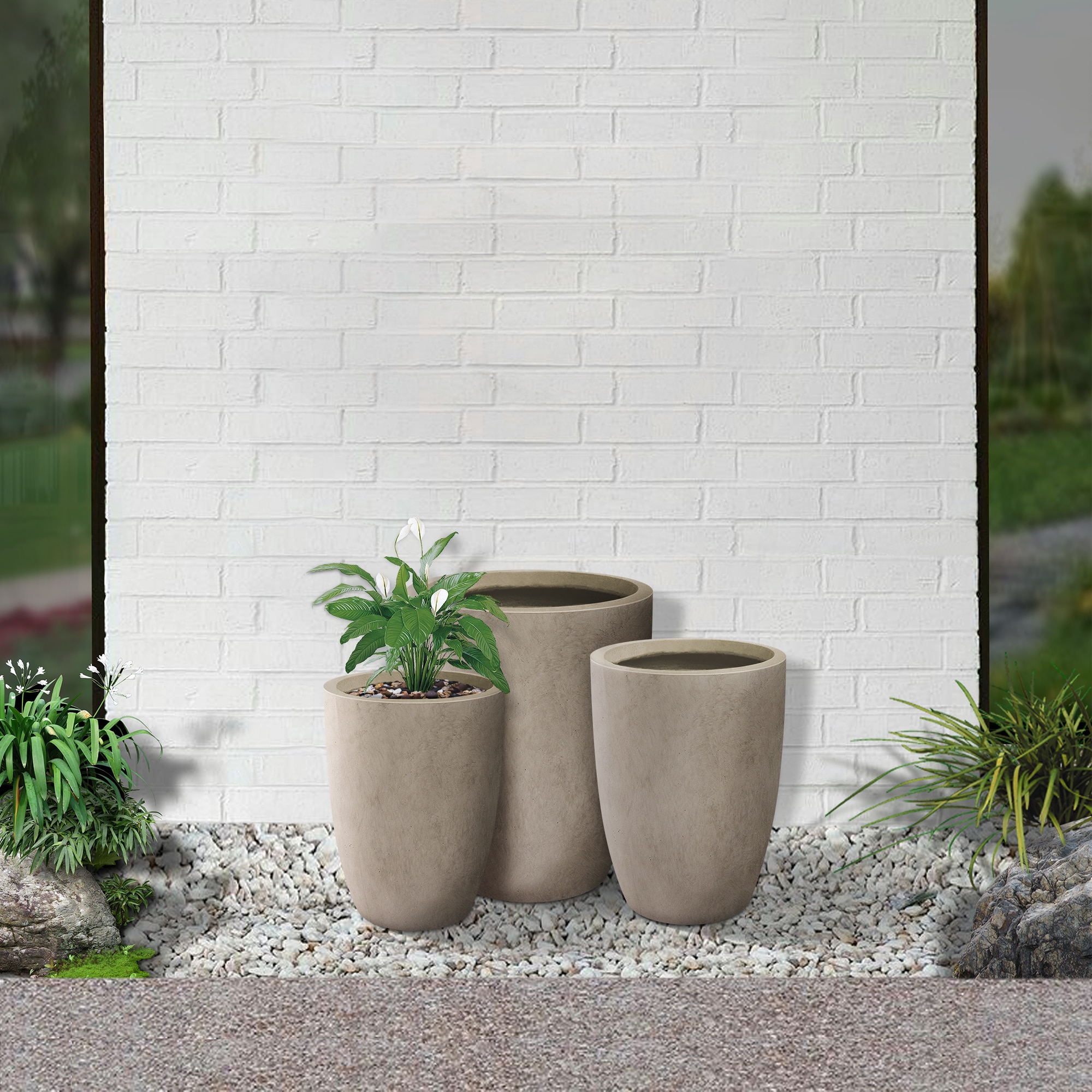 Weathered Gray Tall Round Concrete Planters Set of 3