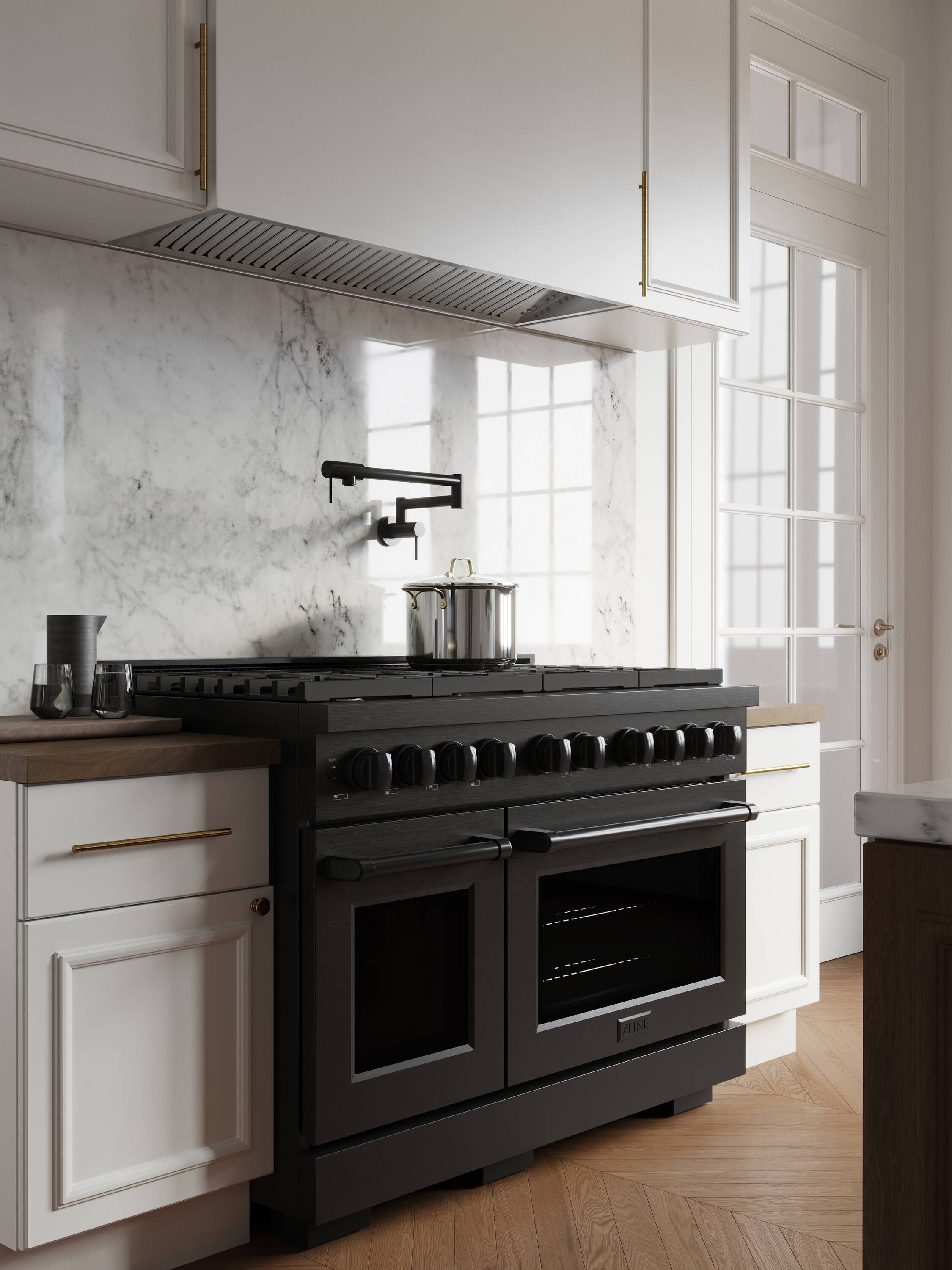 48" Black Stainless Steel Double Oven Gas Range with Griddle