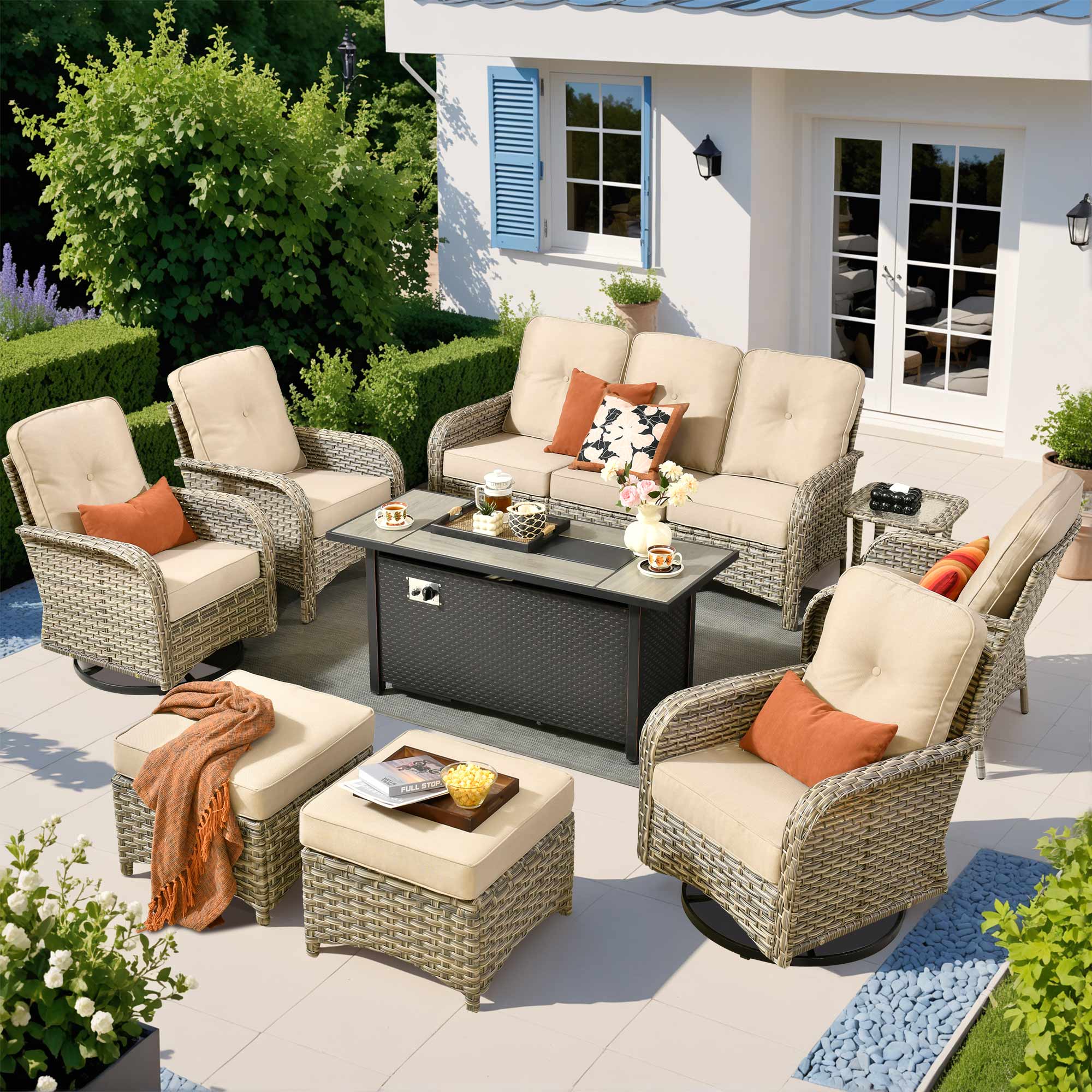ALTRIGUS LCFP8503YZVNC60091AL 9 -Piece Wicker Patio Sofa Conversation Set with Beige Cushions