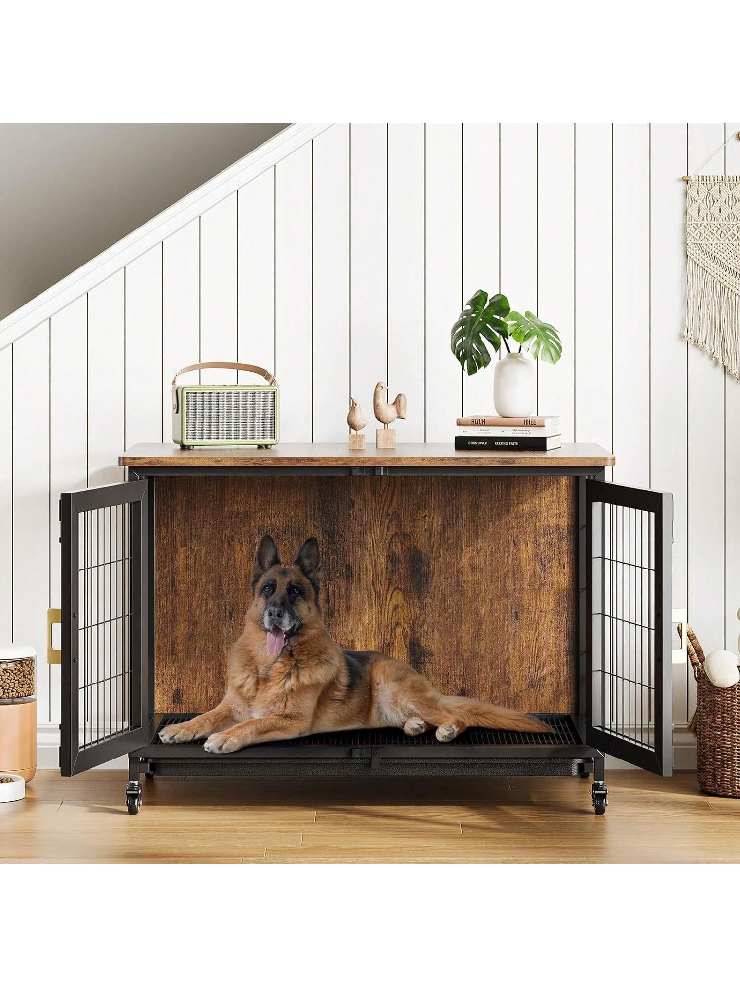 WhizMax 37 Inch Dog Crate Furniture Heavy Duty Dog Kennel Furniture with Wheels Wooden Dog Cage with Removable Tray Indoor Dog House for Medium and Small Dogs Brown #GGL-PHO-34T3B7RP