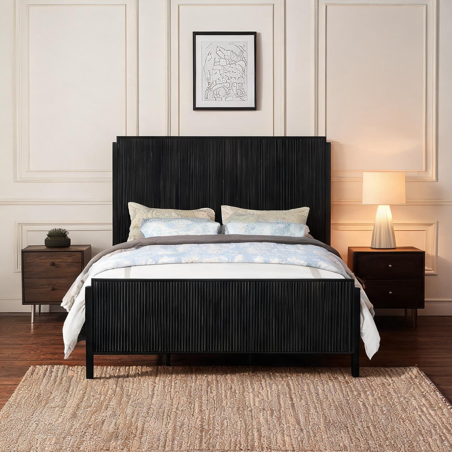 Watnature Modern Eastern King Bed Frame with Slats Deep Black Wood