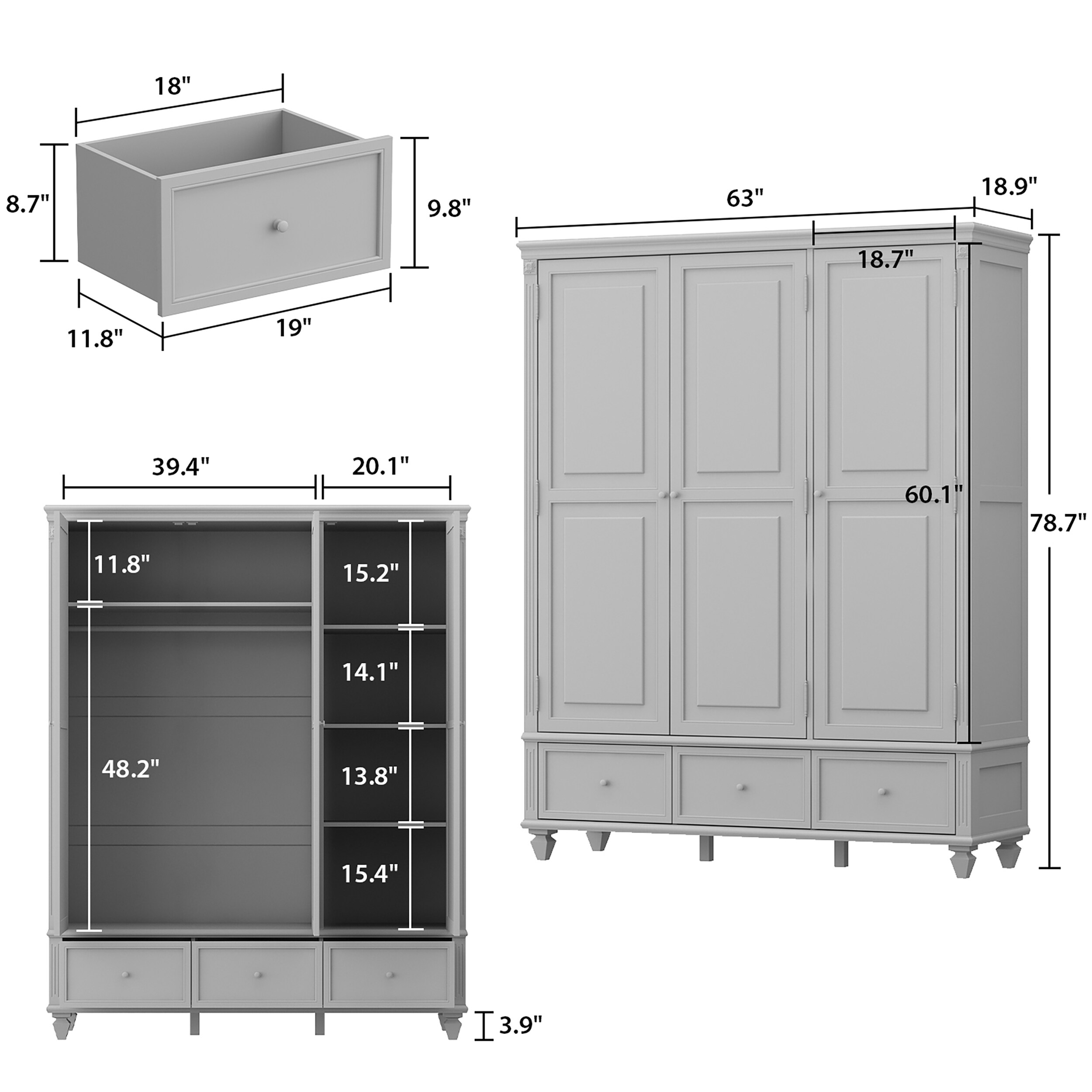 FUFU&GAGA Contemporary 3-Door Wardrobe Closet with 4 Drawers and Metal ...