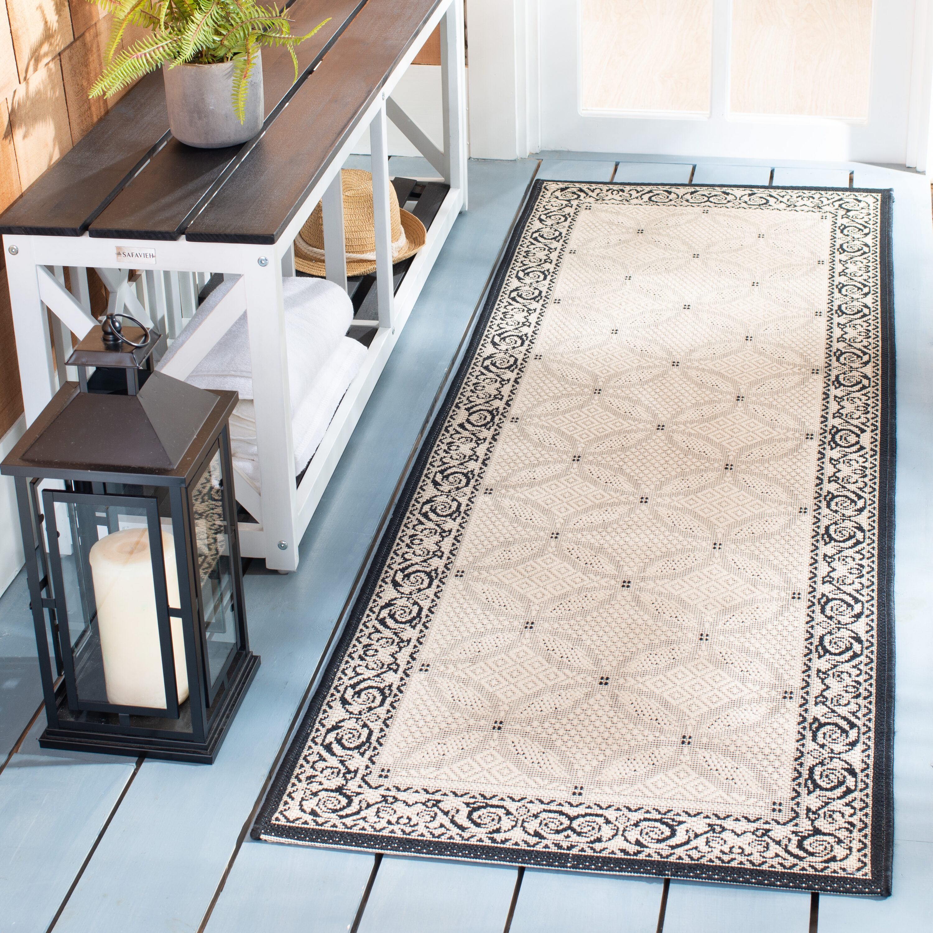 Safavieh CY1502-3901-210 Courtyard Lattice Flower 2 x 10 (ft) Loomed Polypropylene Sand/Black Rectangular Indoor/Outdoor Border Runner rug