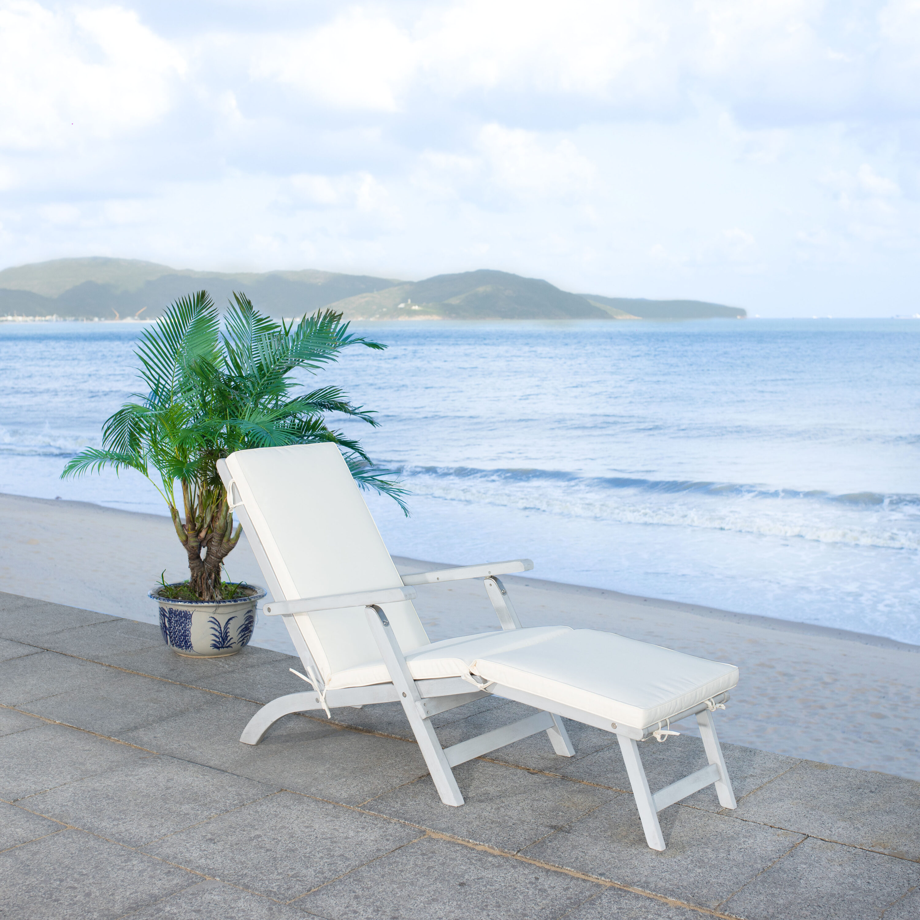 Ocean Liner Inspired 48" Grey Acacia Wood Chaise Lounge with Beige Cushion
