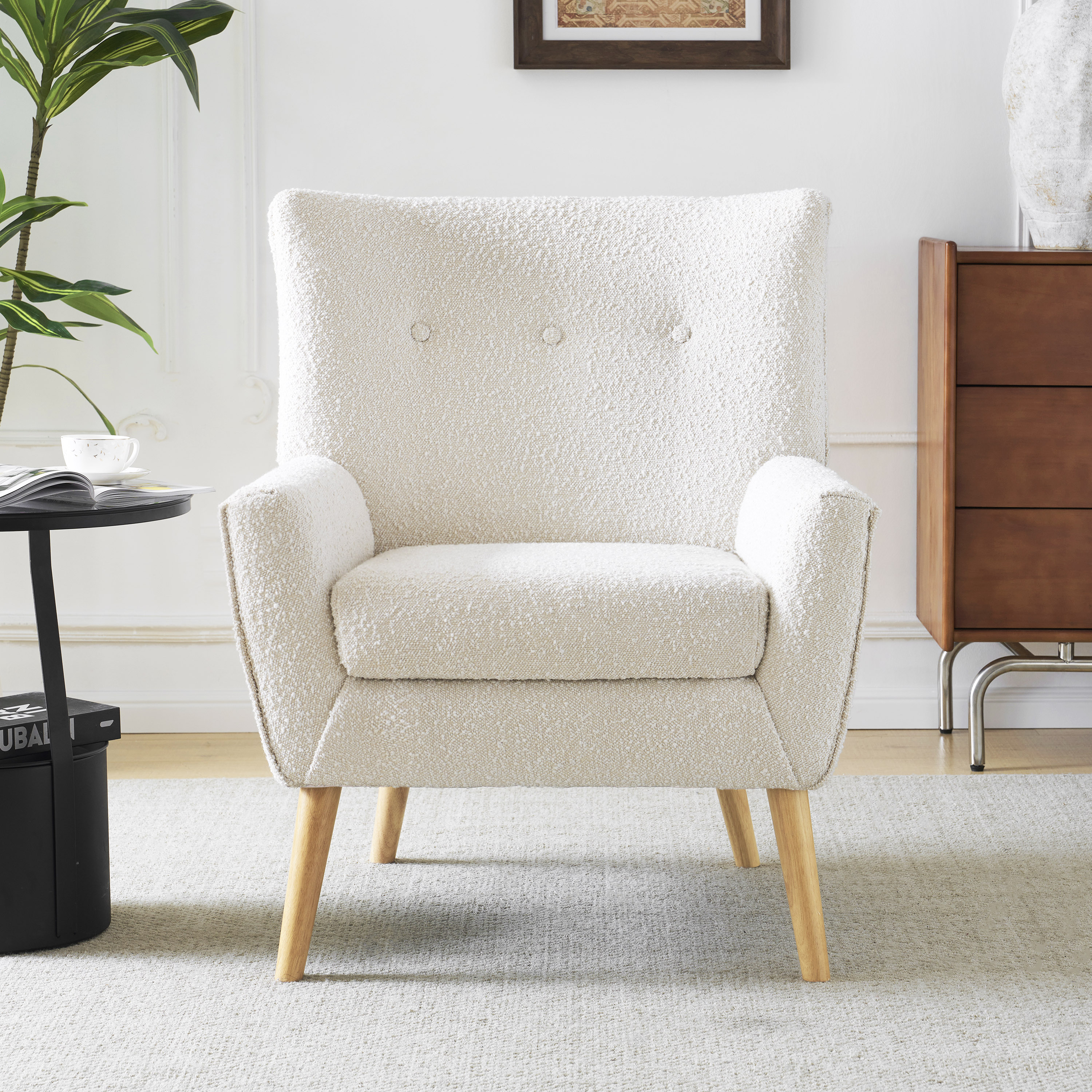 Contemporary White Boucle Upholstered Club Chair with Natural Wood Legs