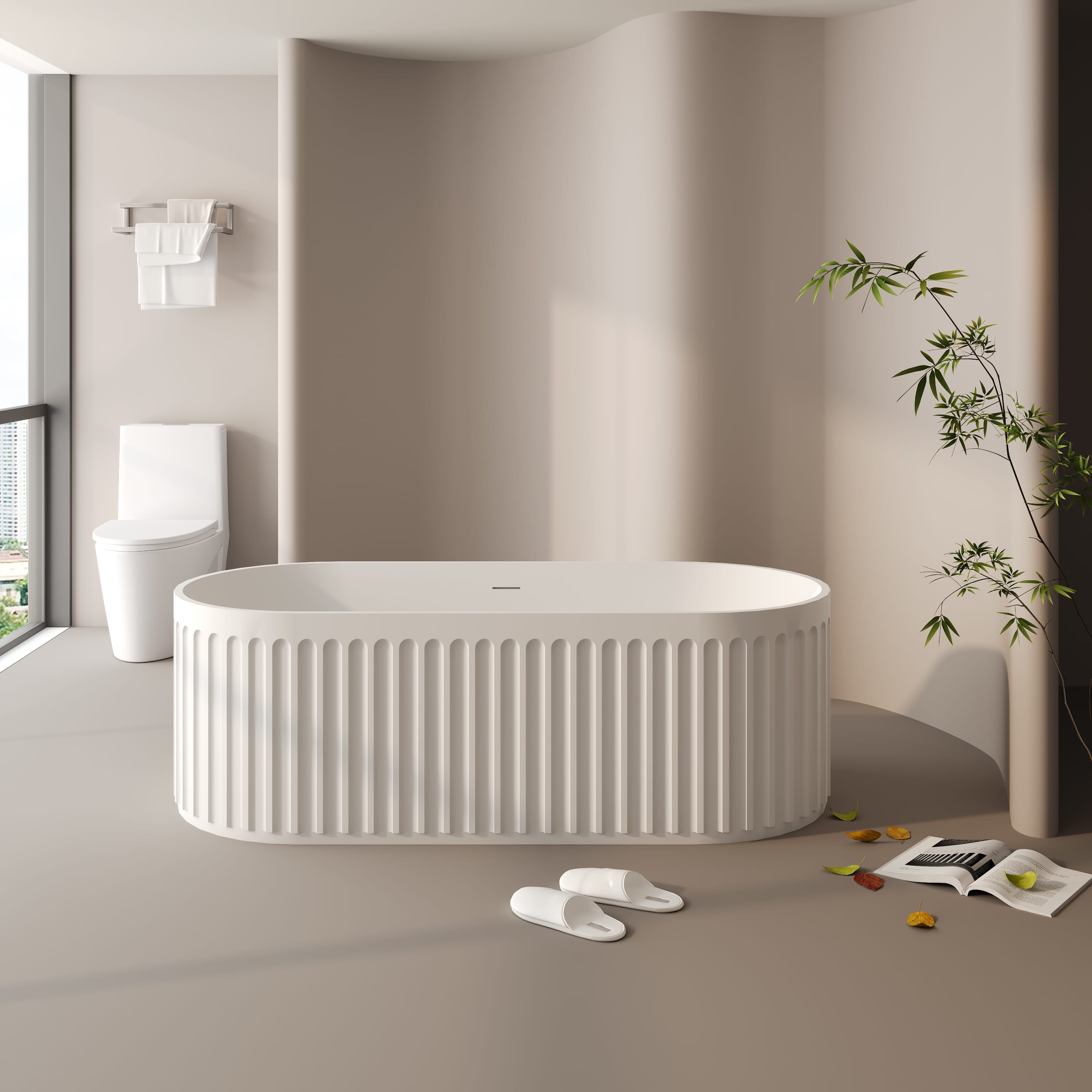 Abruzzo - 67 in. x 29.5 in. Freestanding Soaking Solid Surface Bathtub with Center Drain in Matte...