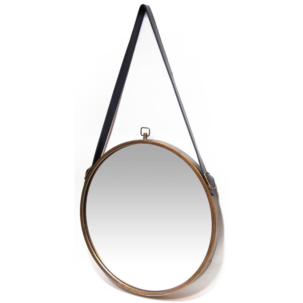 Round Brass Metal Frame Mirror with Leather Strap