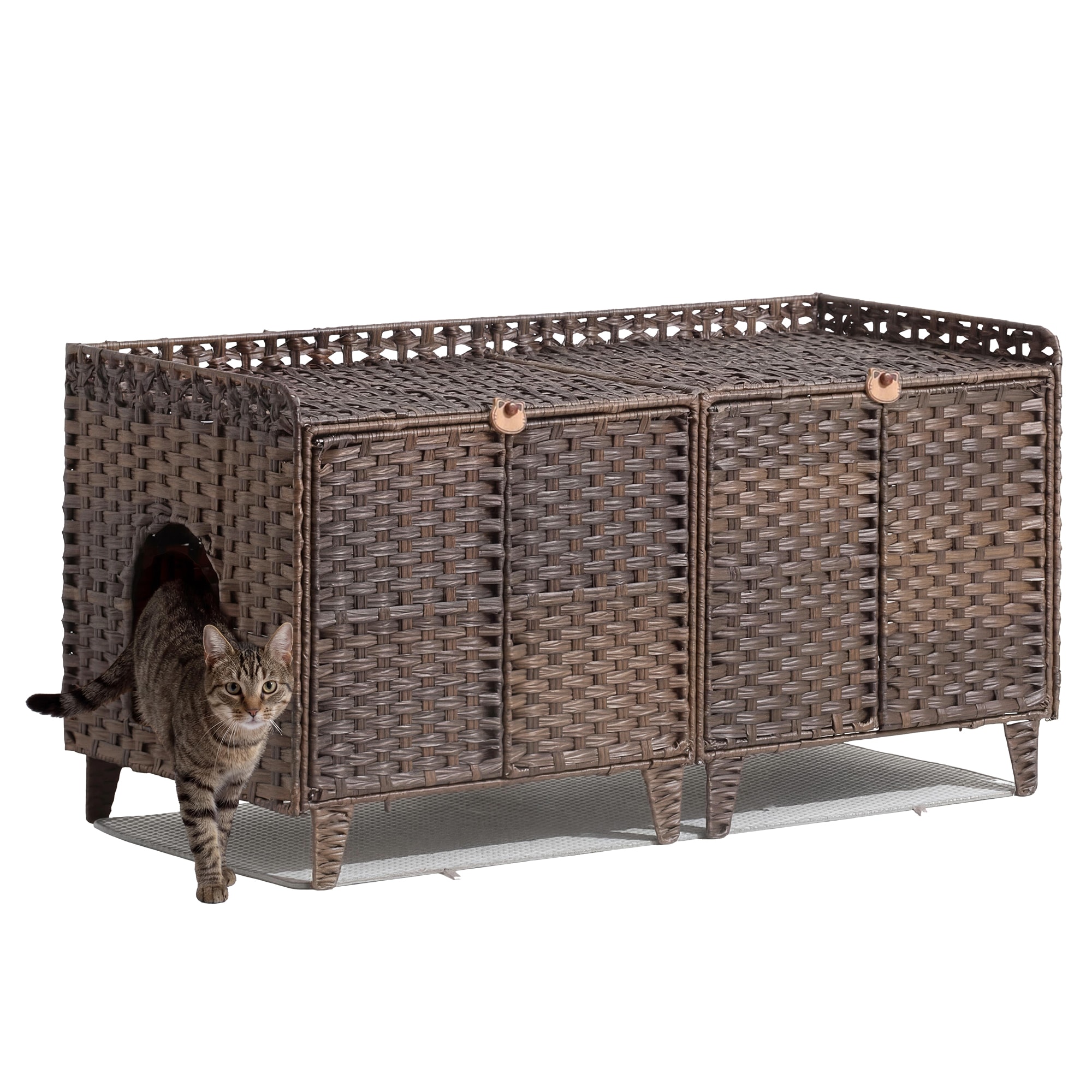 GarveeLife - Cat Litter Box Enclosure Handwoven Rattan Litter Box Furniture for 2 Cats with Doubl...