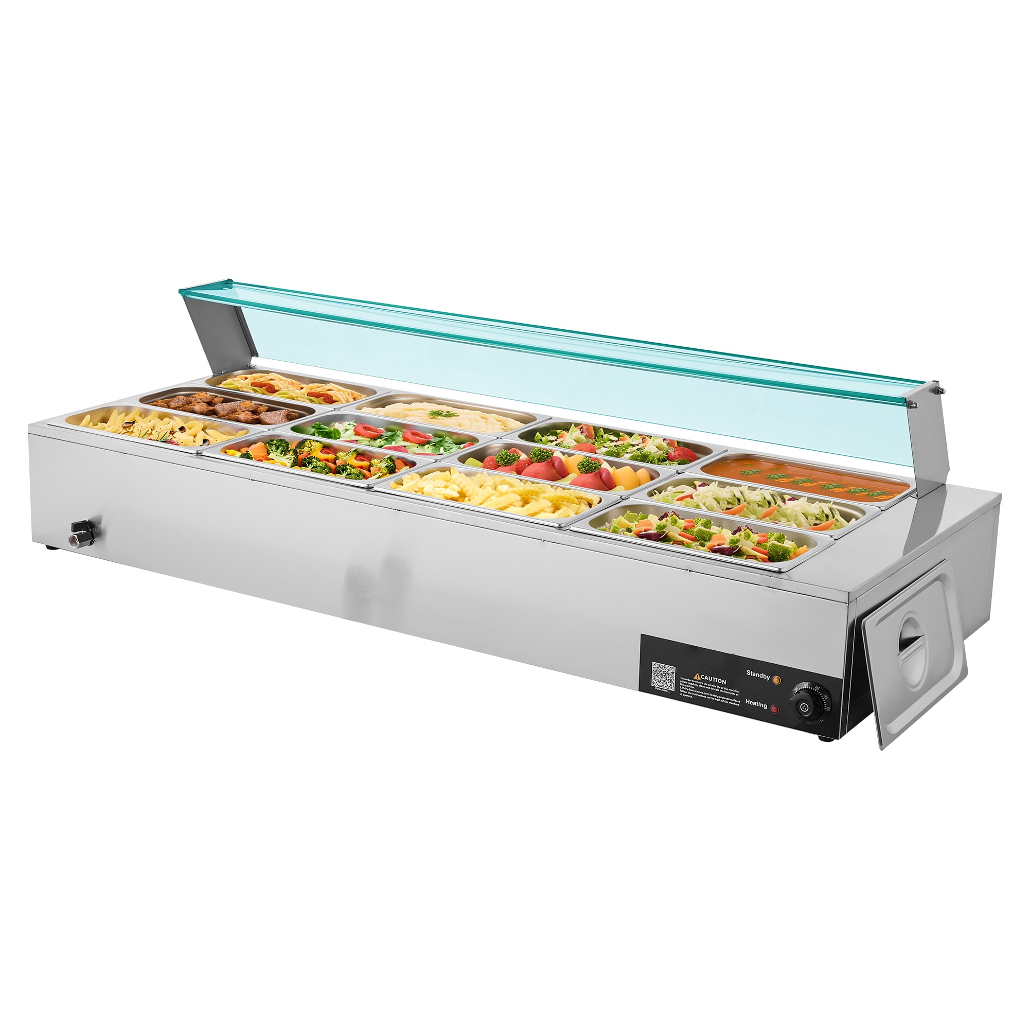 VEVOR SCSYSPBWQBLZ08157V1 Commercial Food Warmer  1700W Electric Stainless Steel Steam Food Warmer with Glass Cover  12-Pan Countertop Buffet Bain Marie with Soup and Perforated Ladles  for Catering  Restaurant and Party