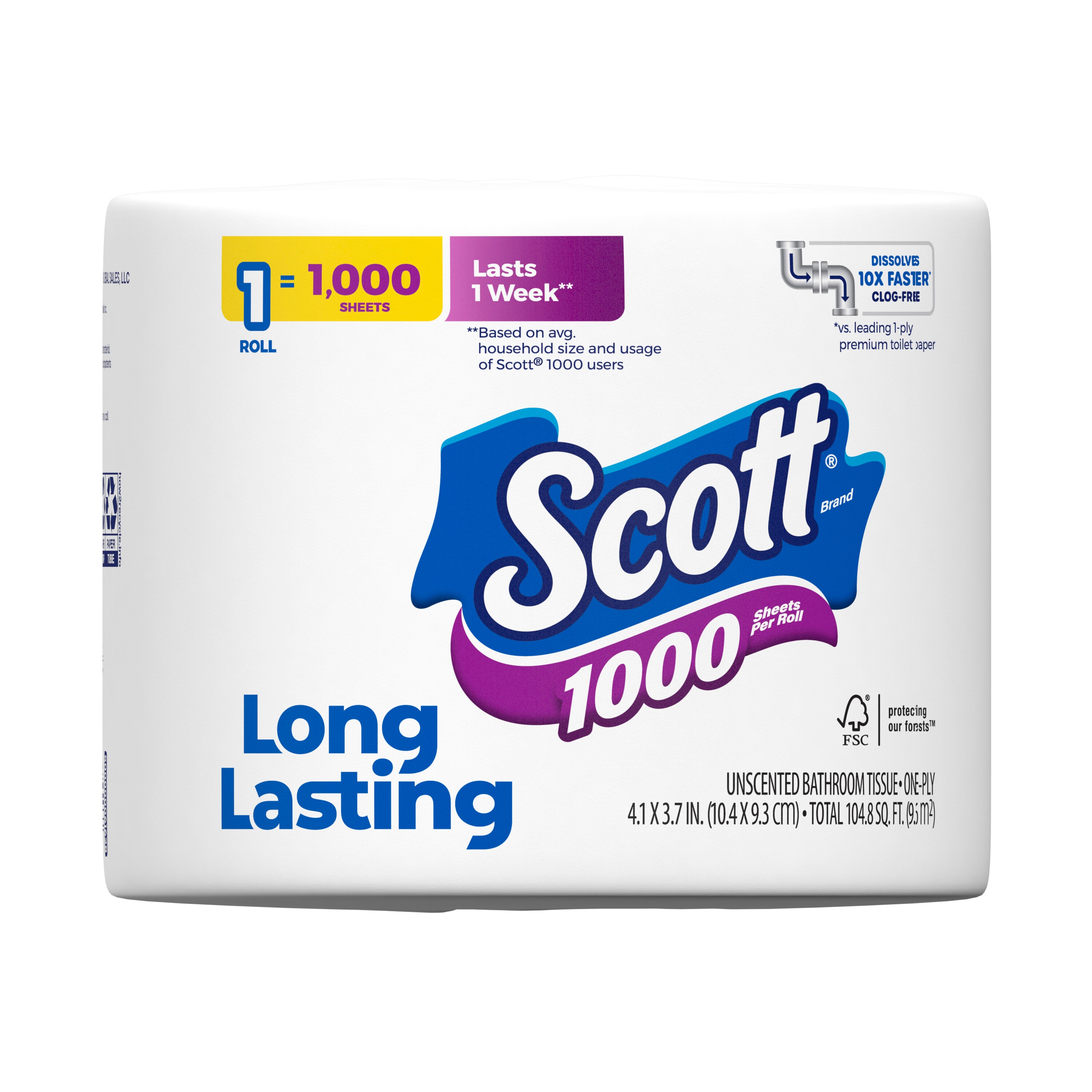 Scott 1000 Trusted Clean Toilet Paper, 32 Rolls, Septic-Safe, 1-Ply Toilet  Tissue, 8 Count (Pack of 4)