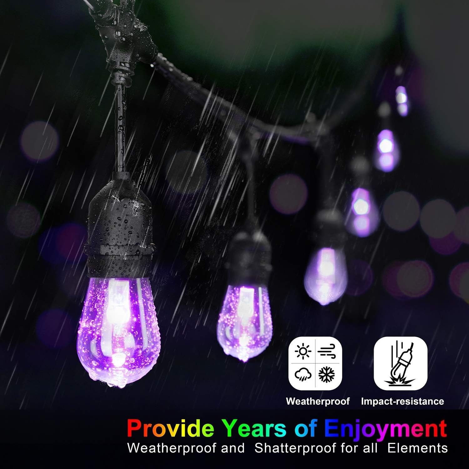 Slagawa 48FT Black Waterproof Dimmable RGB LED String Lights with ...