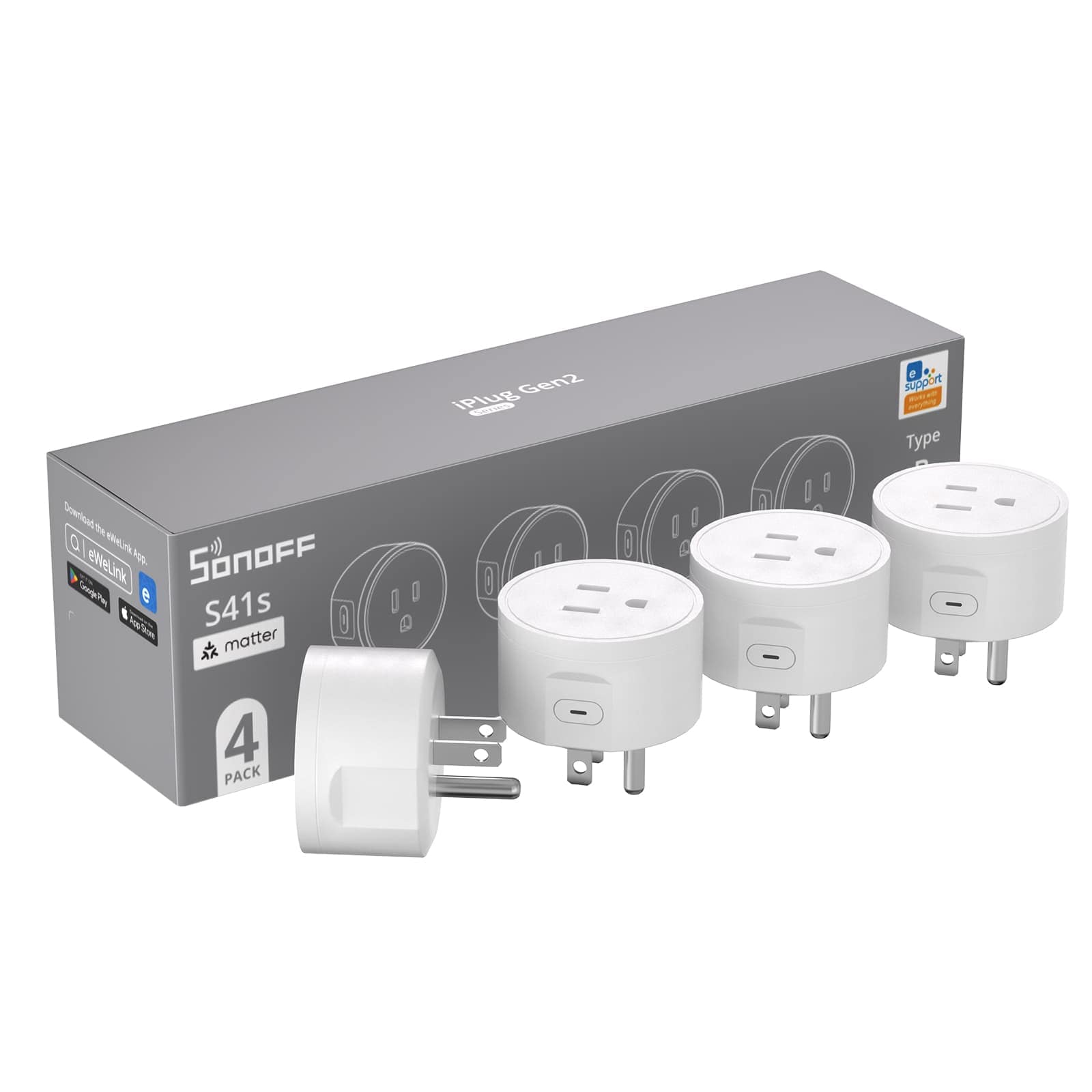 SONOFF Matter Smart Plug S41s 4-Pack 15A 1800W WiFi Smart Plug Outlet ETL Certified Remote Voice Control with Timer Compatible with Alexa Google Home Apple HomeKit SmartThings #S41S