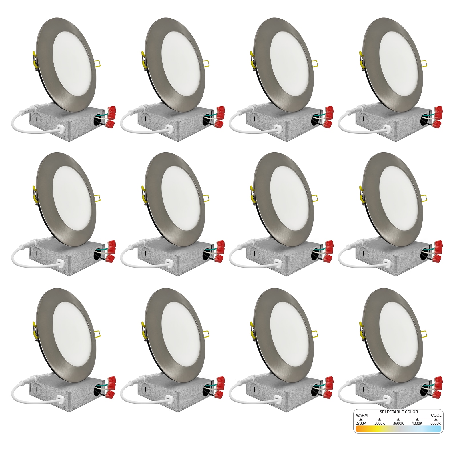 NUWATT Brushed Nickel 4-in 630-Lumen Switchable Round Dimmable LED Canless Recessed  Downlight (12-Pack) in the Recessed Downlights department at