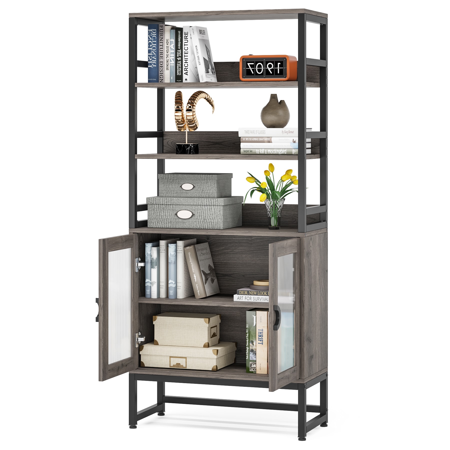 Tribesigns HOGA-XK00239 Gray Metal 4-Shelf Bookcase with Doors (31.5-in W x 70.87-in H x 13.78-in D)