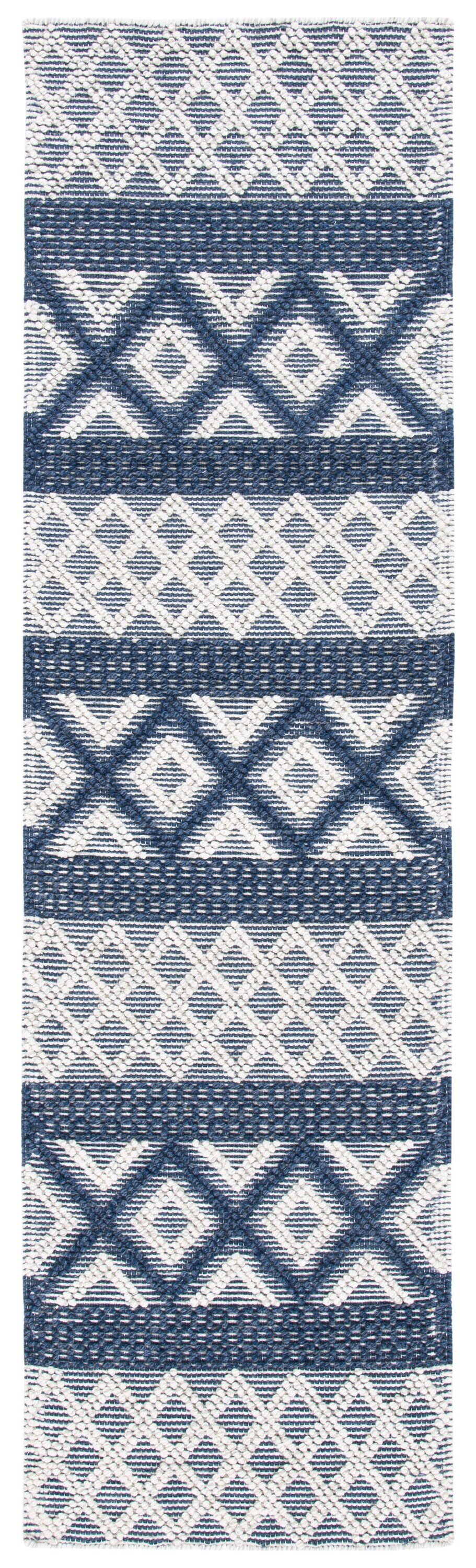 Handwoven Blue and Ivory Wool Runner Rug