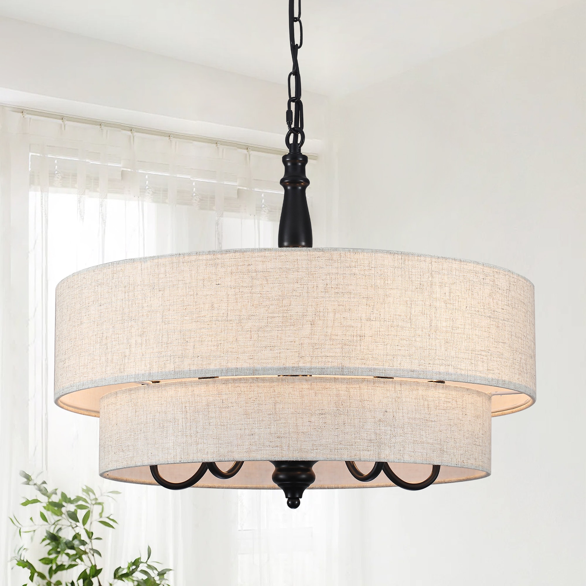 HLJYNJM 21.25-in Modern Farmhouse Drum Chandelier 5-Light Matte Black Pendant Light Fixture for Dining Room