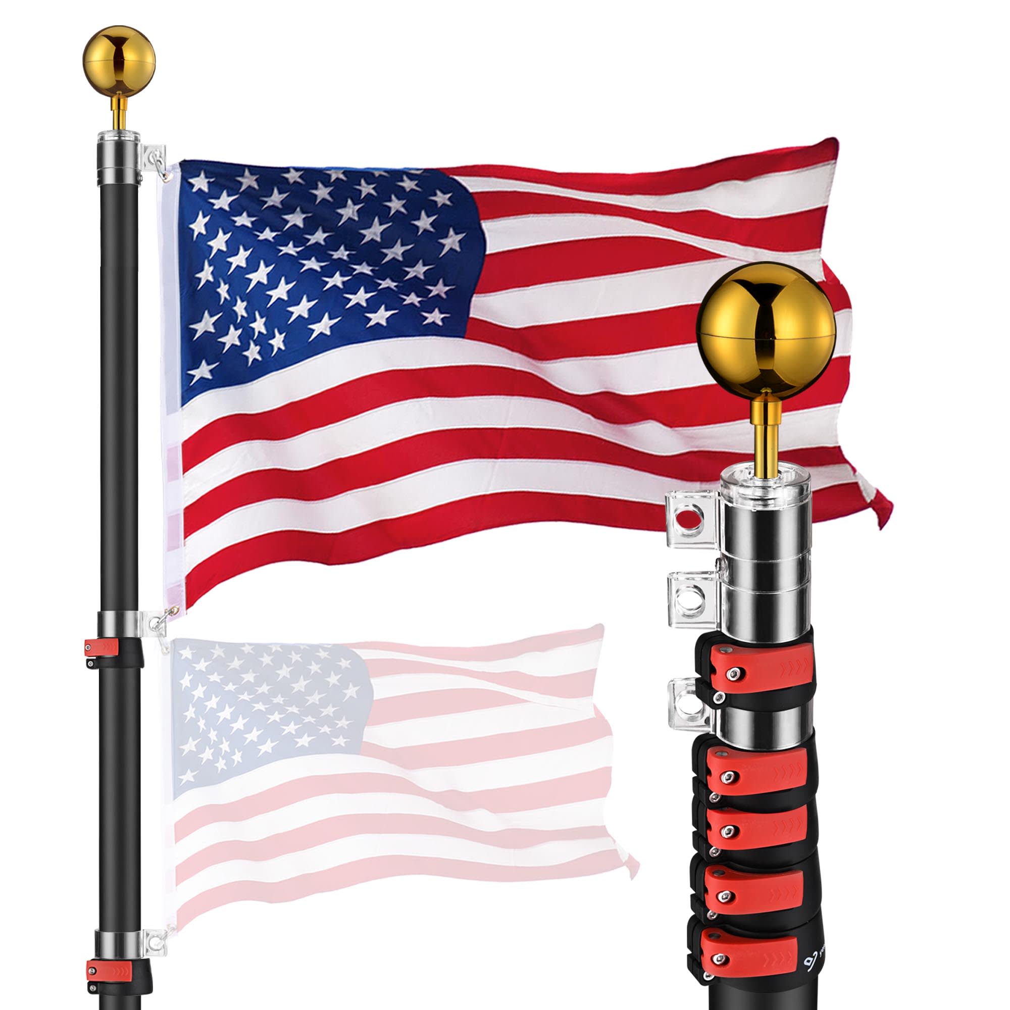 Yescom 22FLP005-30-F1-06-LO EZ GO 30ft Telescopic Flag Pole Kit Upgrade Rotating Lock for Outside Inground with 3x5 FT US Flag Ball Top Black