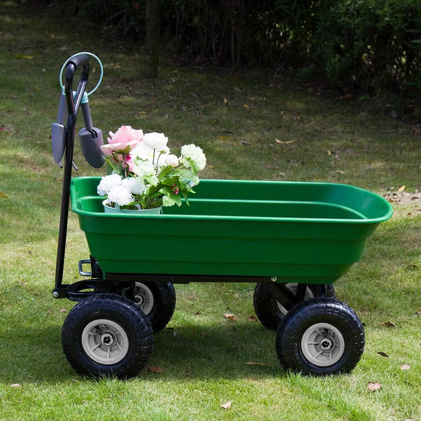 2.5 cu.ft. Green Metal Garden Cart Folding Wagon Poly Dump Cart with Steel  Frame & 10 in. Pneumatic Turf Tires