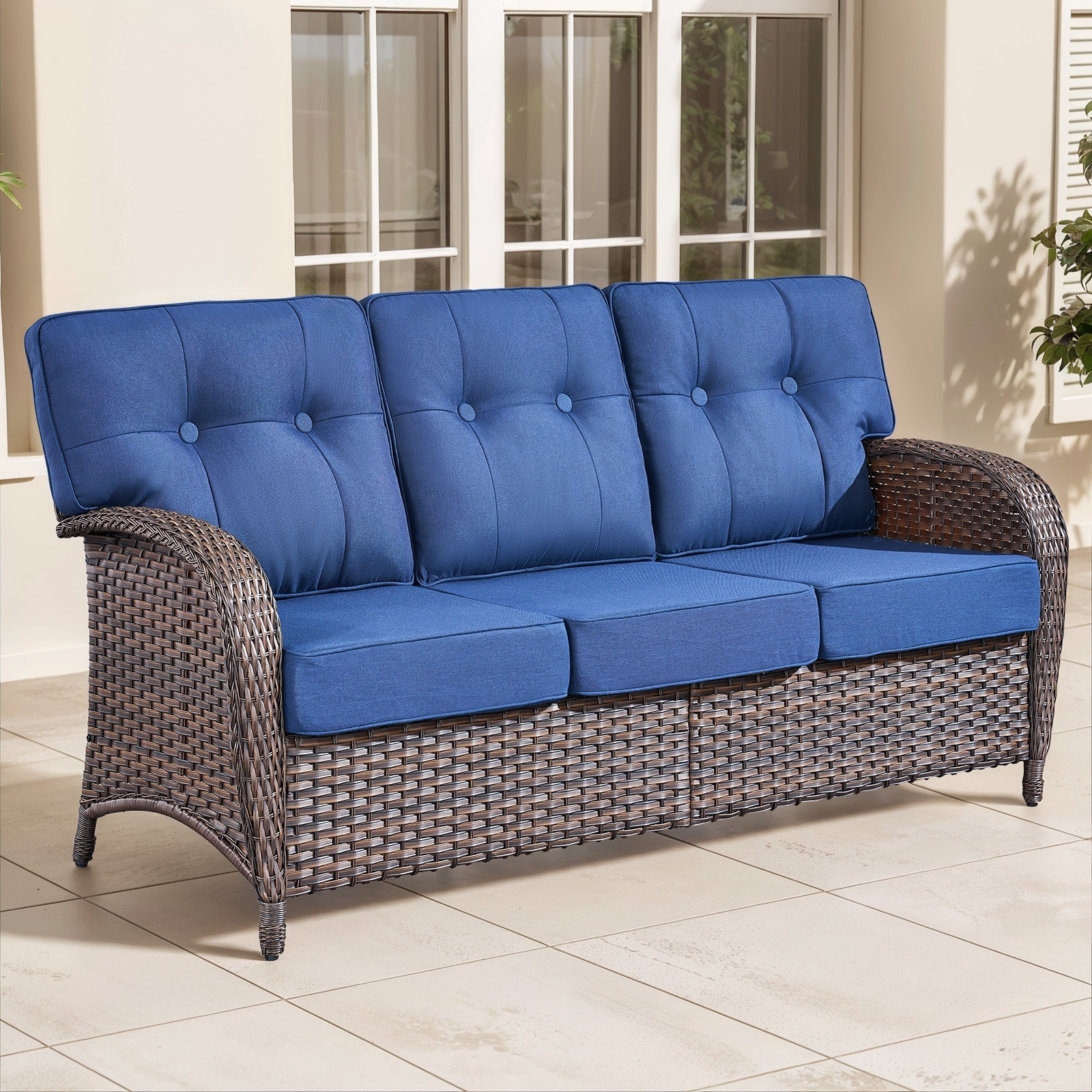 Pocassy PJTPBR13-1 Wicker Outdoor Sofa with Blue Cushions and Steel Frame