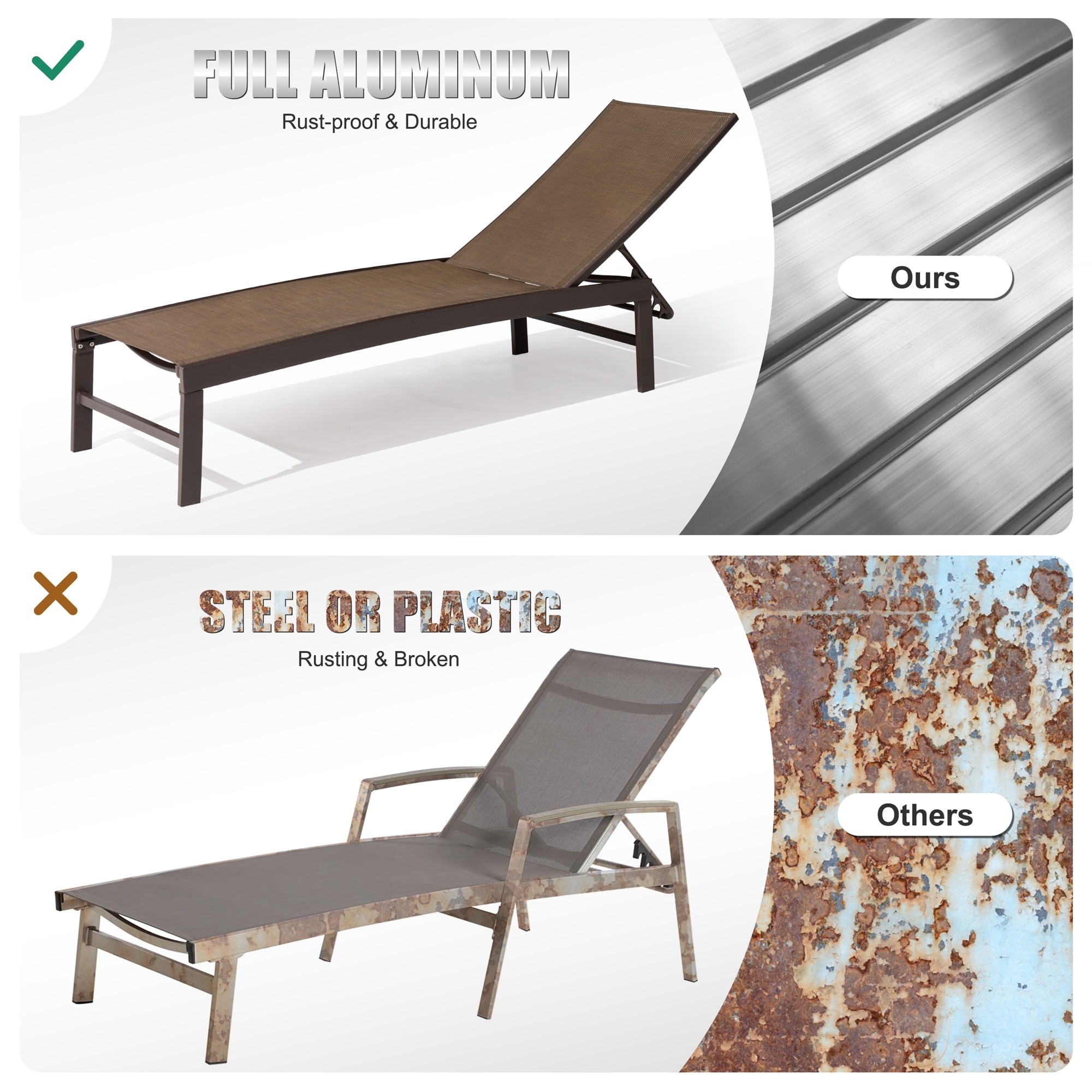 Ergonomic Outdoor Aluminum Lounge Set with Adjustable Chairs & Side Table - Brown